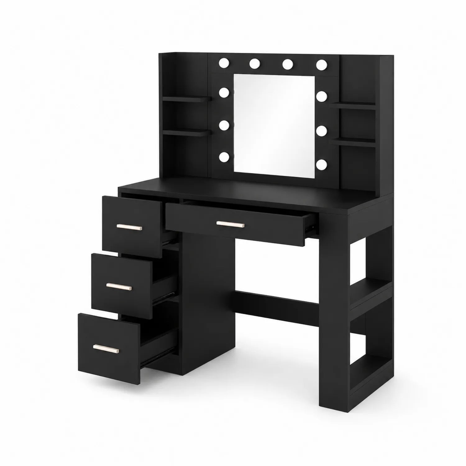 Wooden Dressing Table with Rectangular Mirror and LED Lights, Black