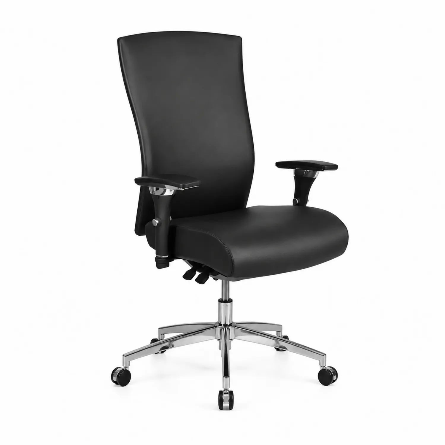 Black synthetic leather swivel chair with armrests and metal base