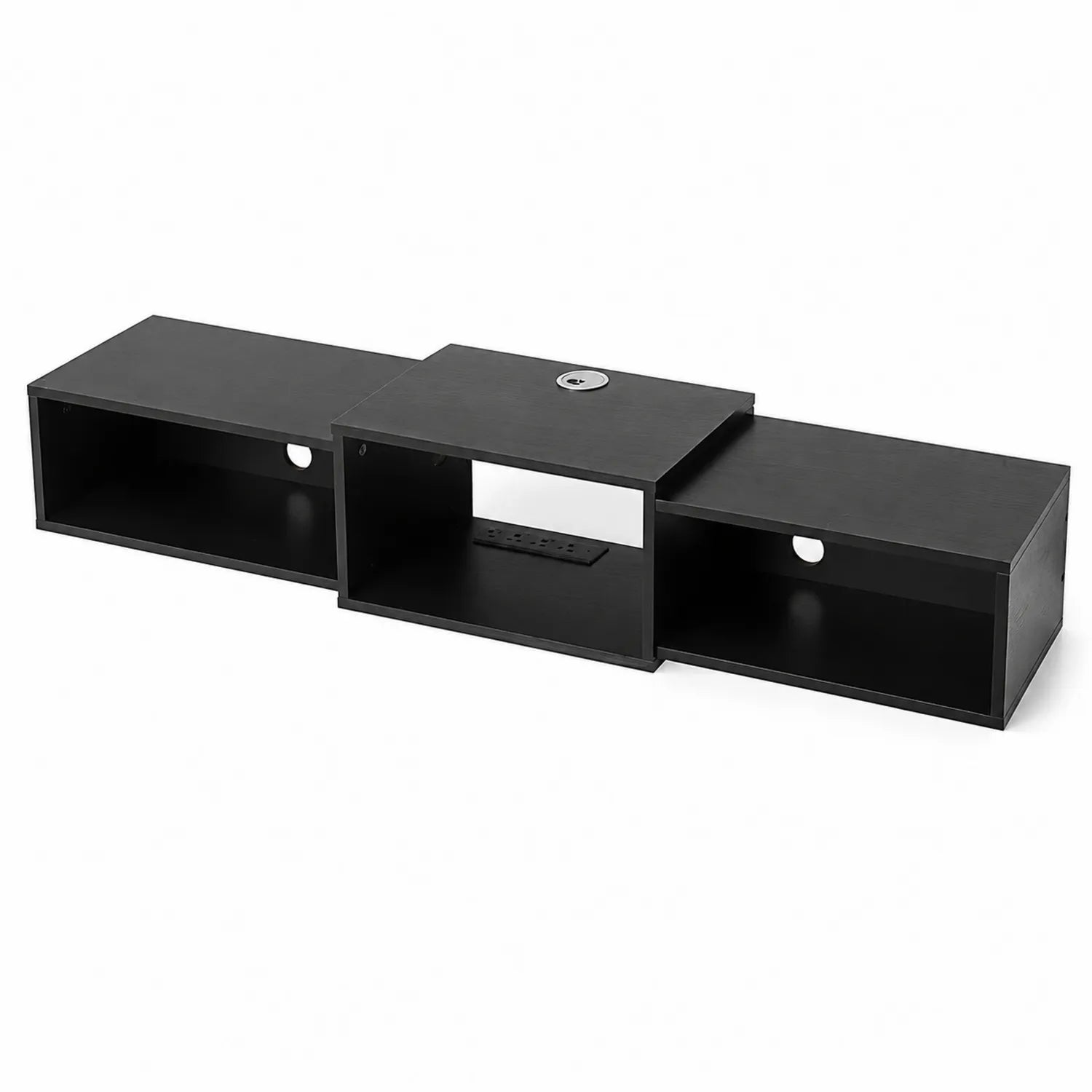 Black composite wood TV stand with cable management