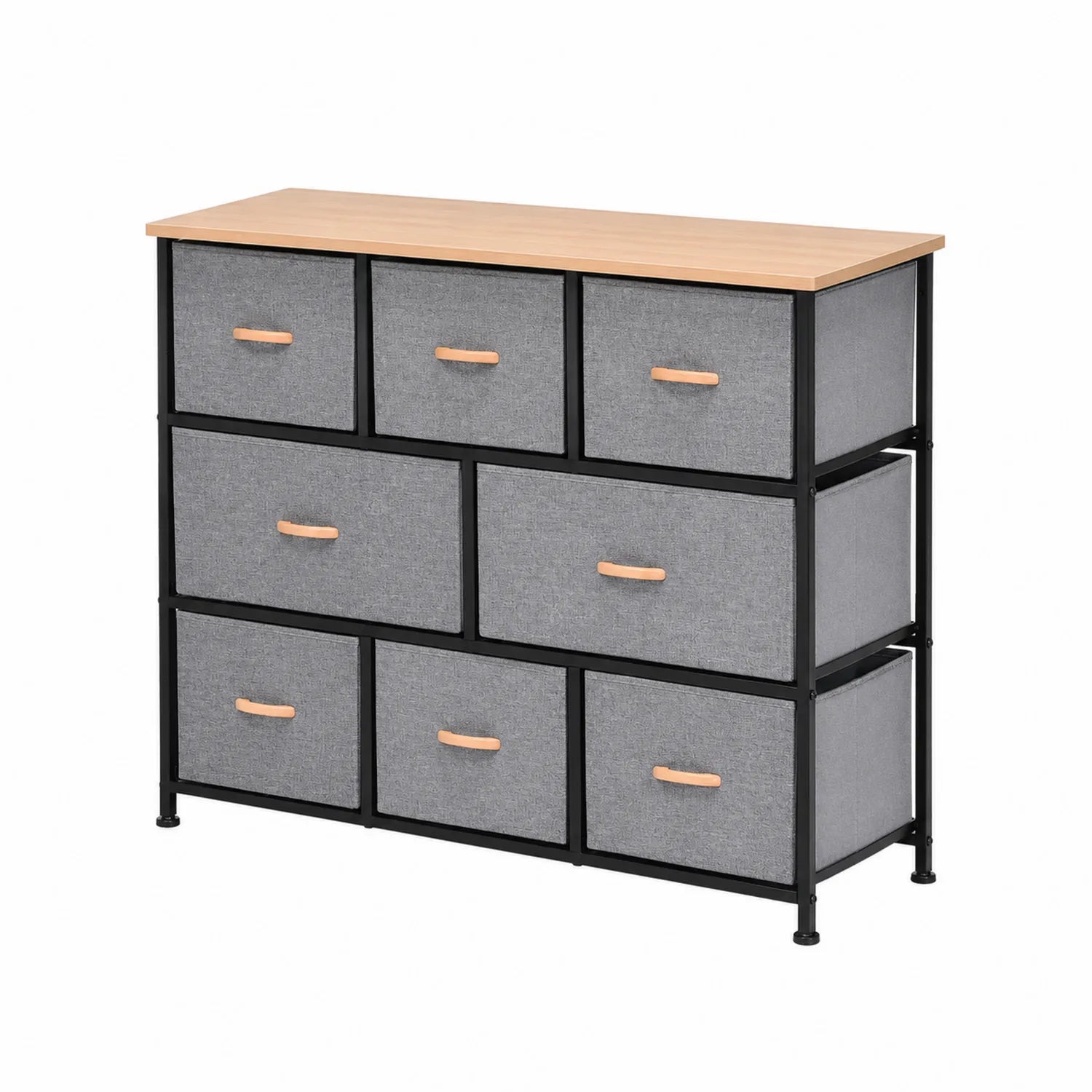 Cassettiera 9 Cassetti Metallo e Tessuto Grigio con Ripiano Legno 90x30x85cm
