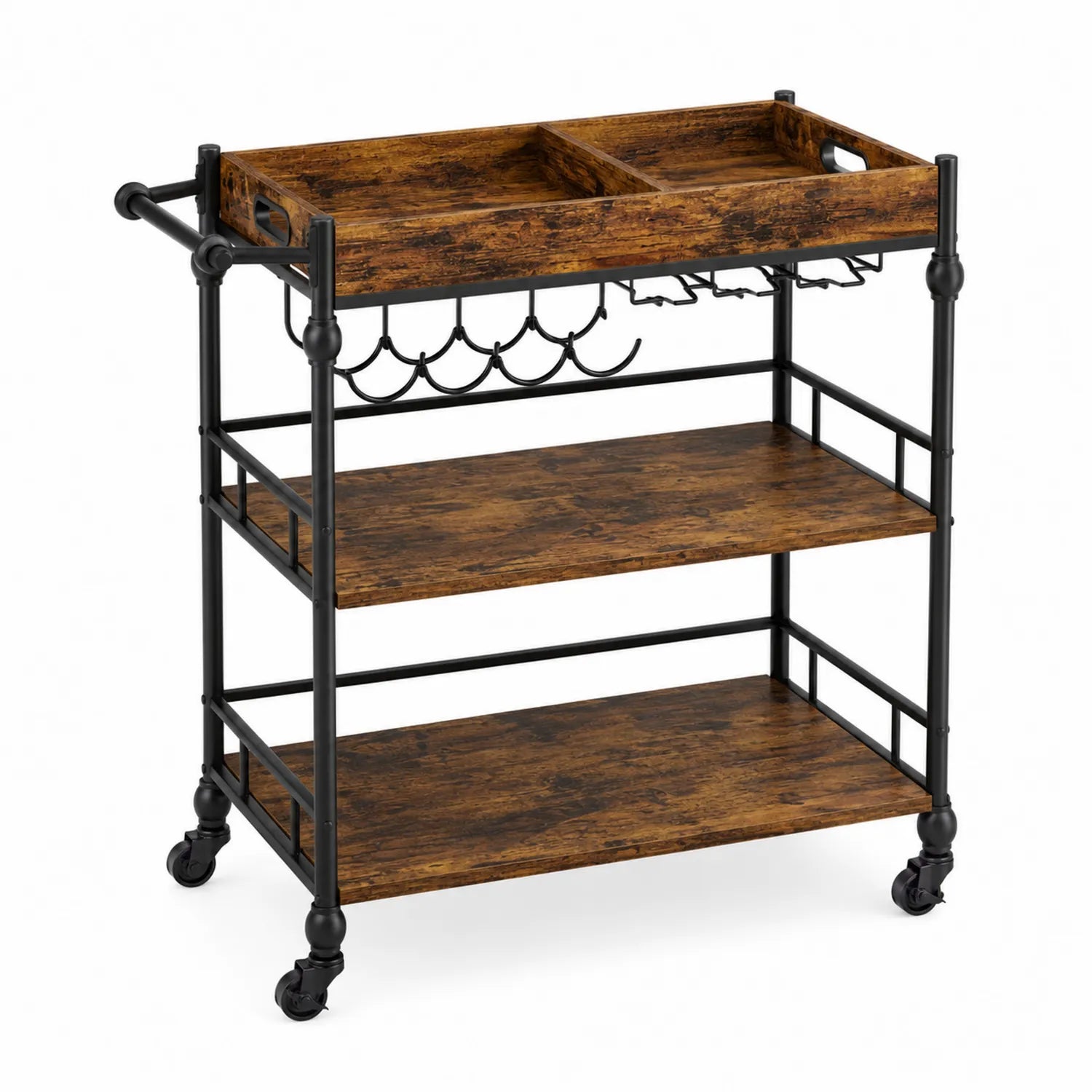 Kitchen Cart in Wood and Metal with Shelves, 75x40x90 cm, Brown/Black