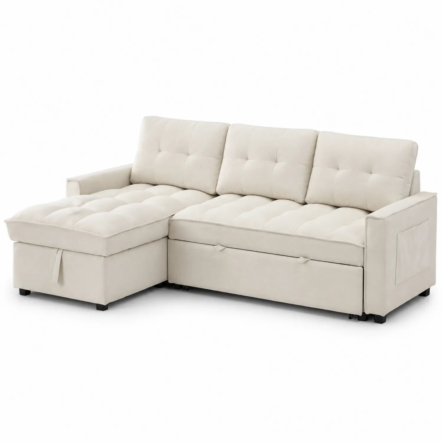 Corner sofa bed in wood and polyester Cream