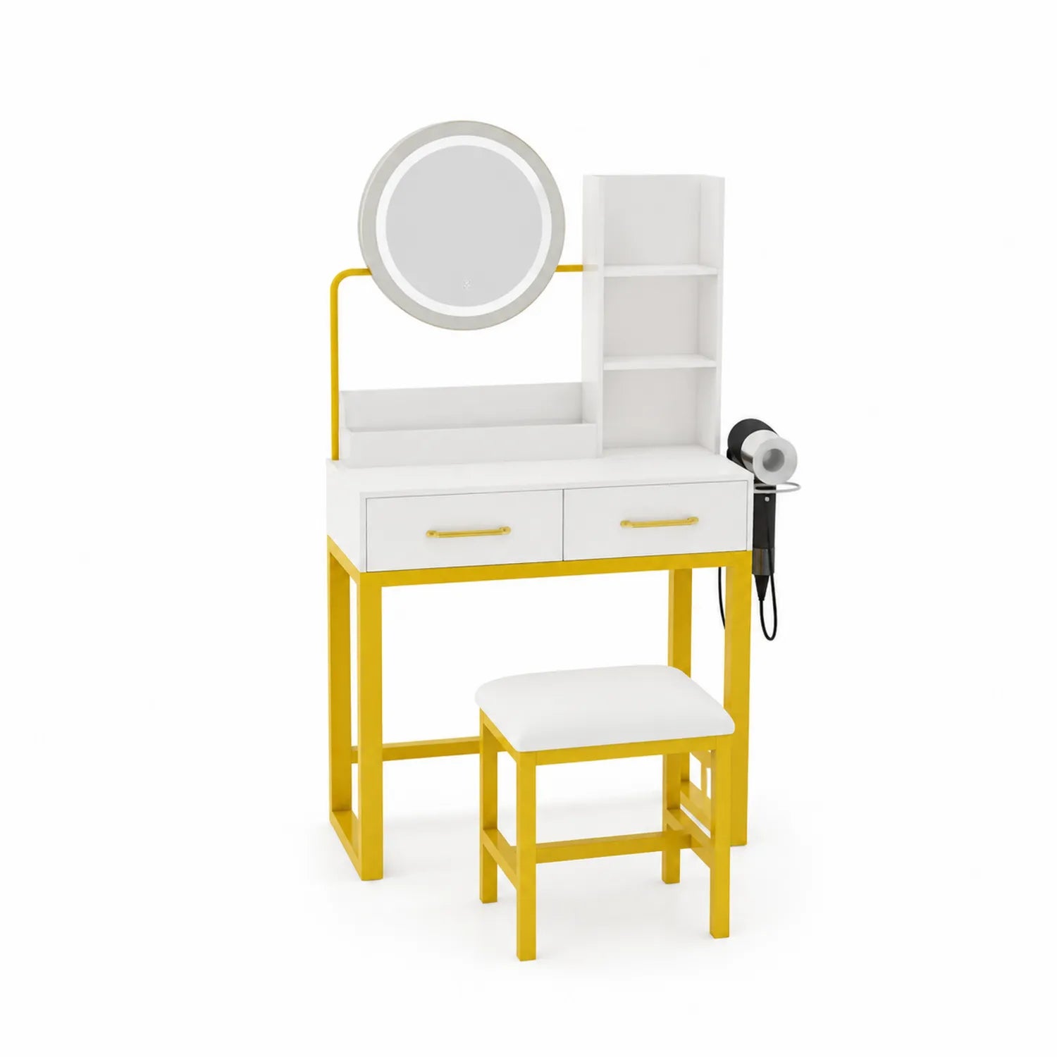 Toeletta con Specchio Rotondo e Sgabello, Acciaio e Legno, Bianco/Giallo