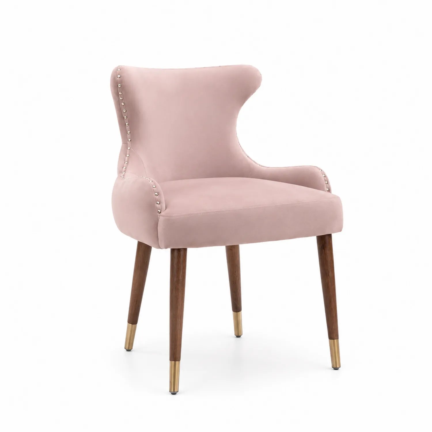 Pink velvet chair with wooden and brass legs