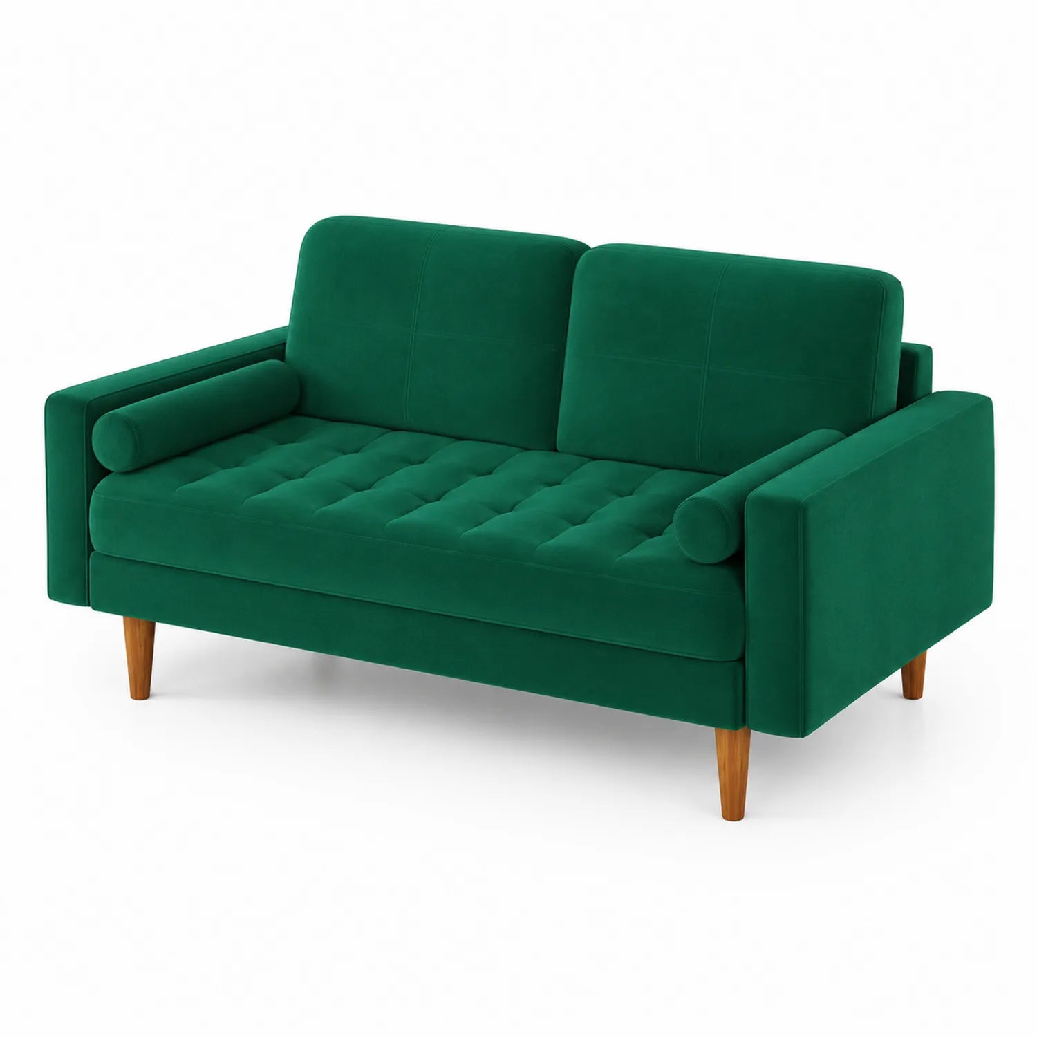 Two-seater green velvet sofa with wooden legs