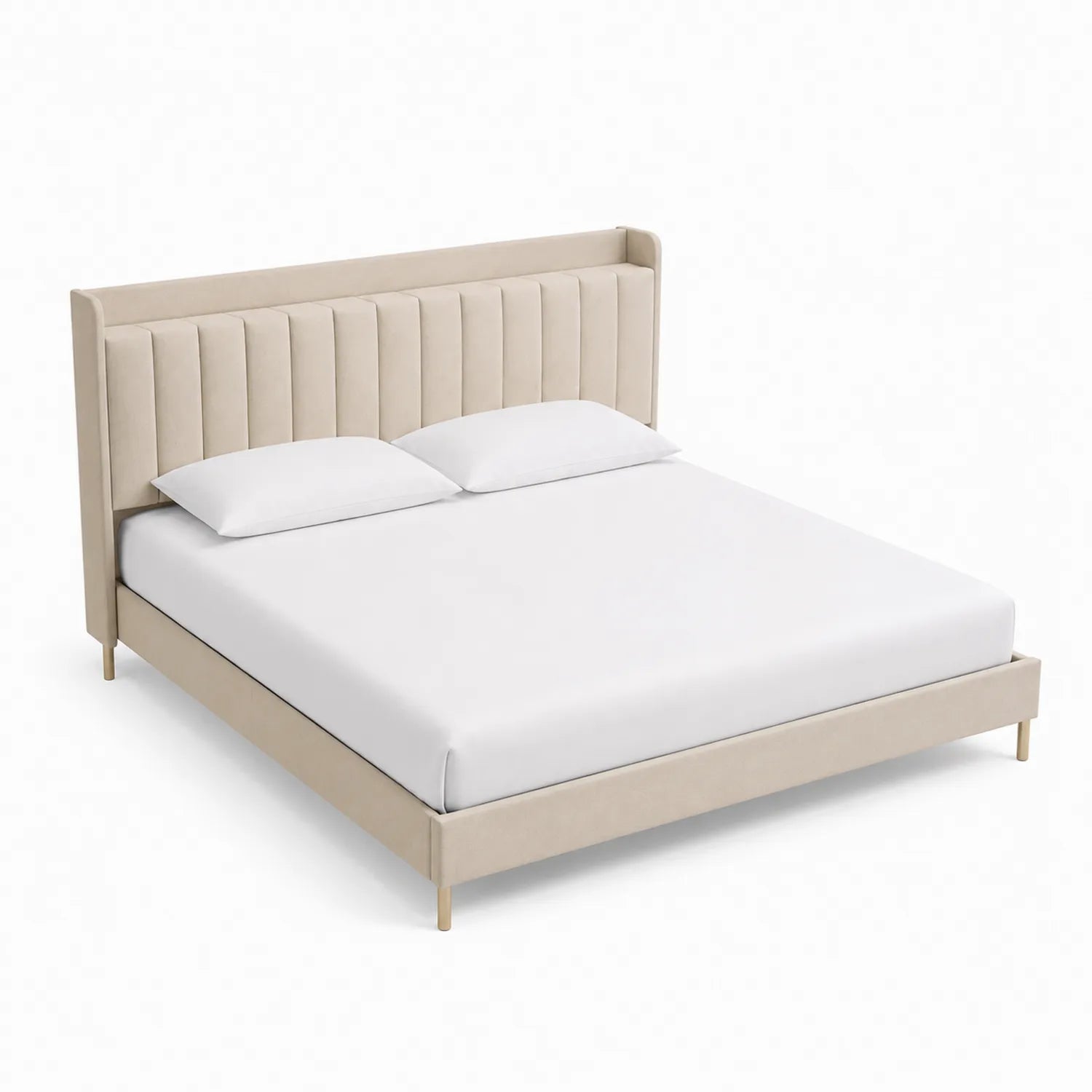 Double Bed in Beige Fabric and Metal with Padded Headboard