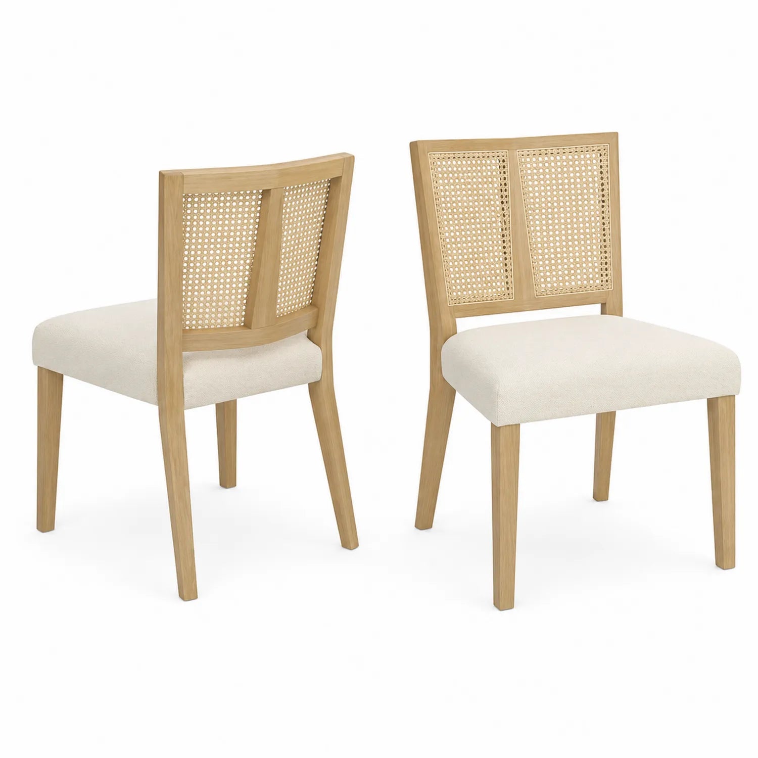 Set of 2 Wooden and Rattan Chairs with Cream Upholstery