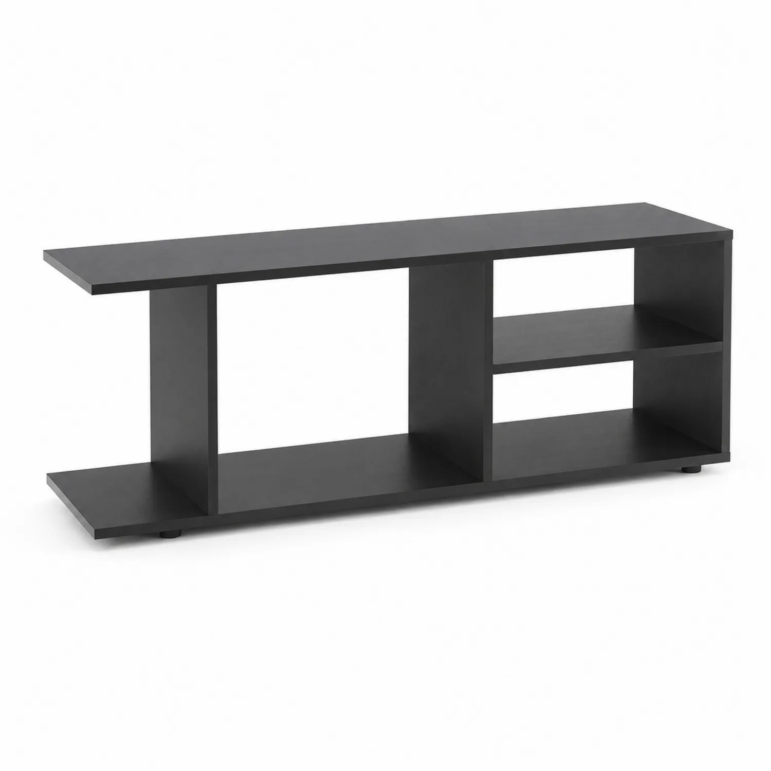 Black composite wood TV stand with shelves