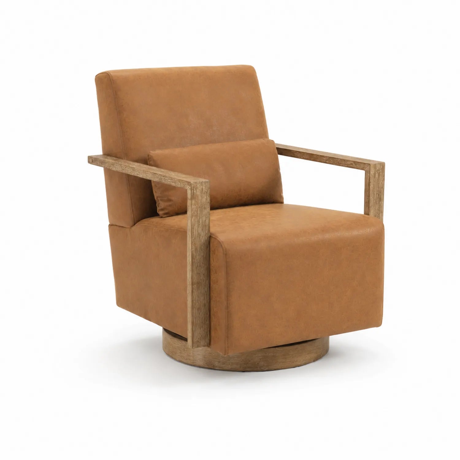 Swivel chair in synthetic leather with wooden armrests