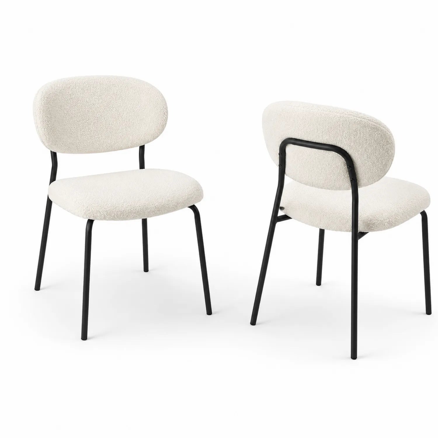 Set of 2 White Bouclé Chairs with Black Metal Frame