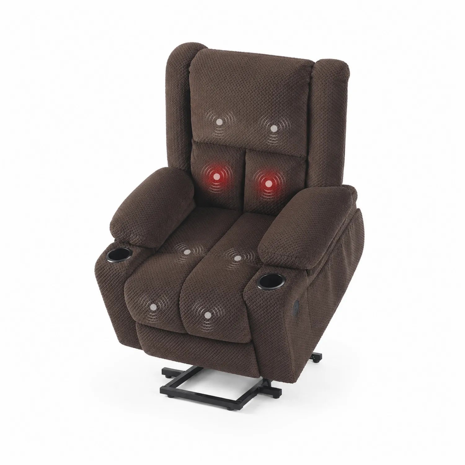 Reclining massage chair with lift in brown fabric