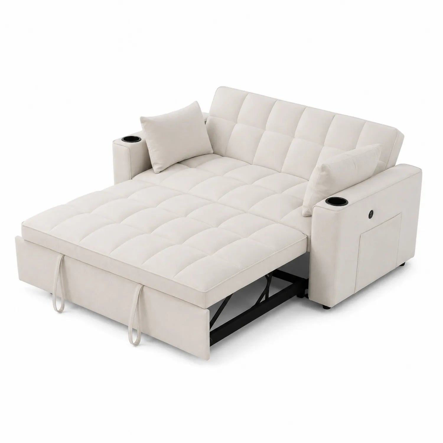 Queen Size Sleeper Sofa with Arms and Cup Holders in Beige Fabric