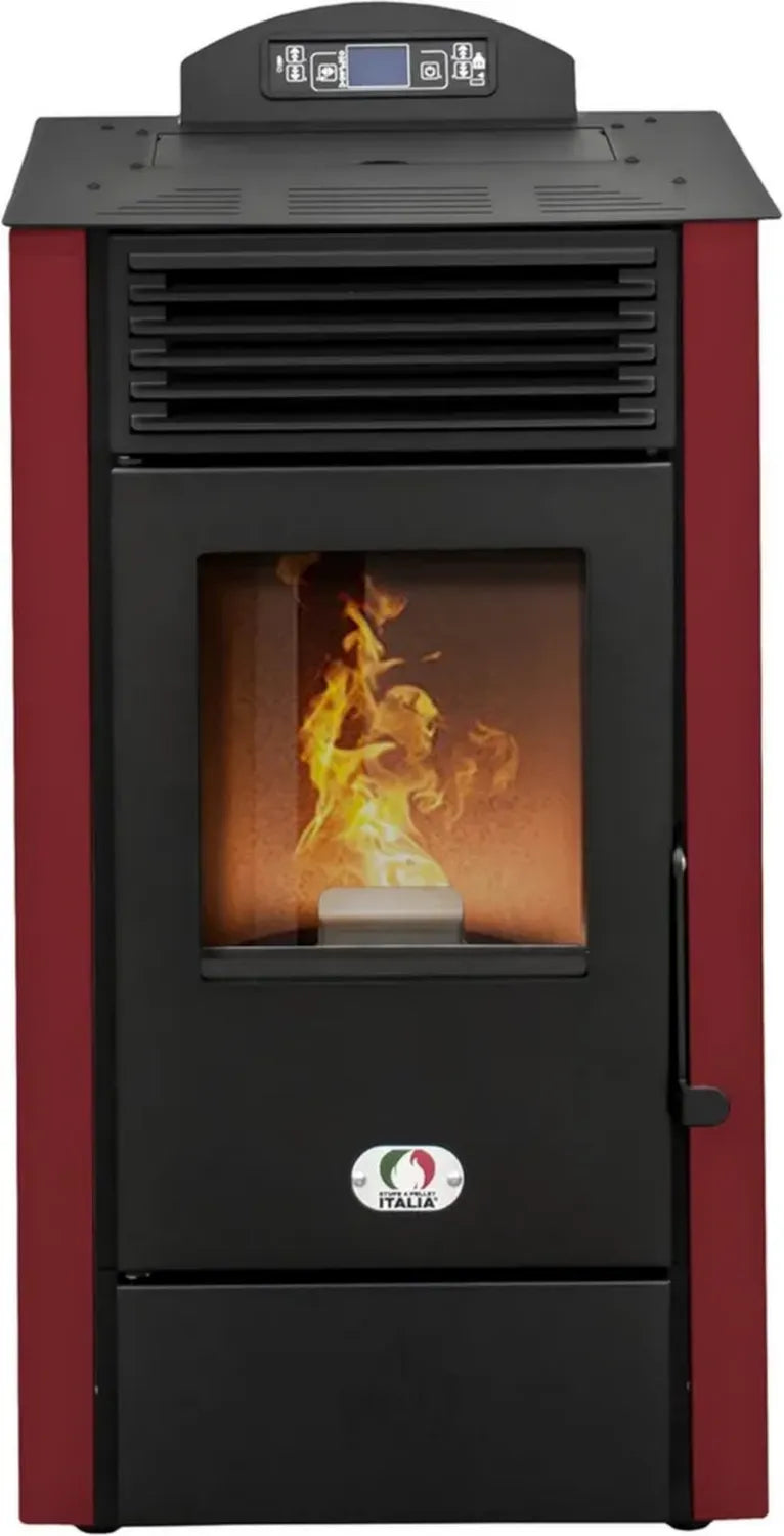 Stufa a Pellet California 8KW con WiFi, Alta Efficienza 91%, Riscalda 70m², Autonomia 20 Ore, Programmabile, Design Compatto, Rosso