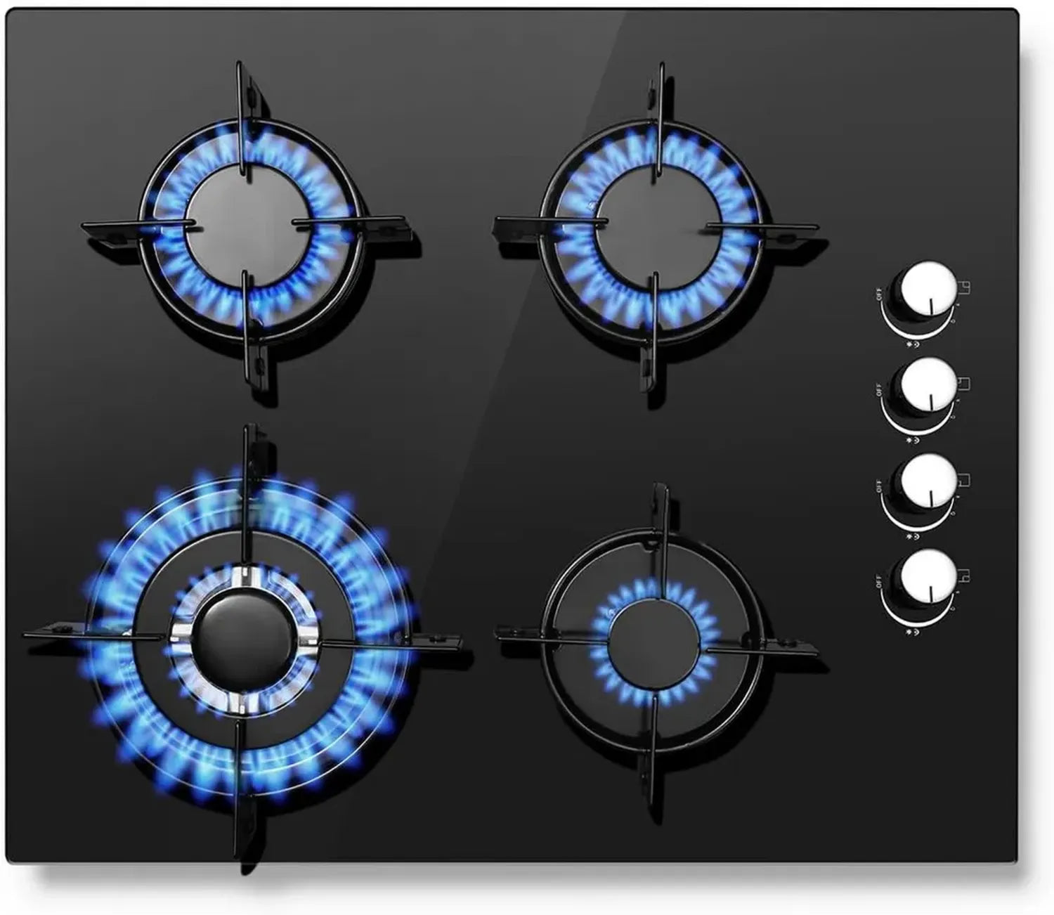 Piano Cottura a Gas 60cm con 4 Fuochi, Vetro Temperato Nero, Compatibile con Gas Naturale e Propano, 8000W