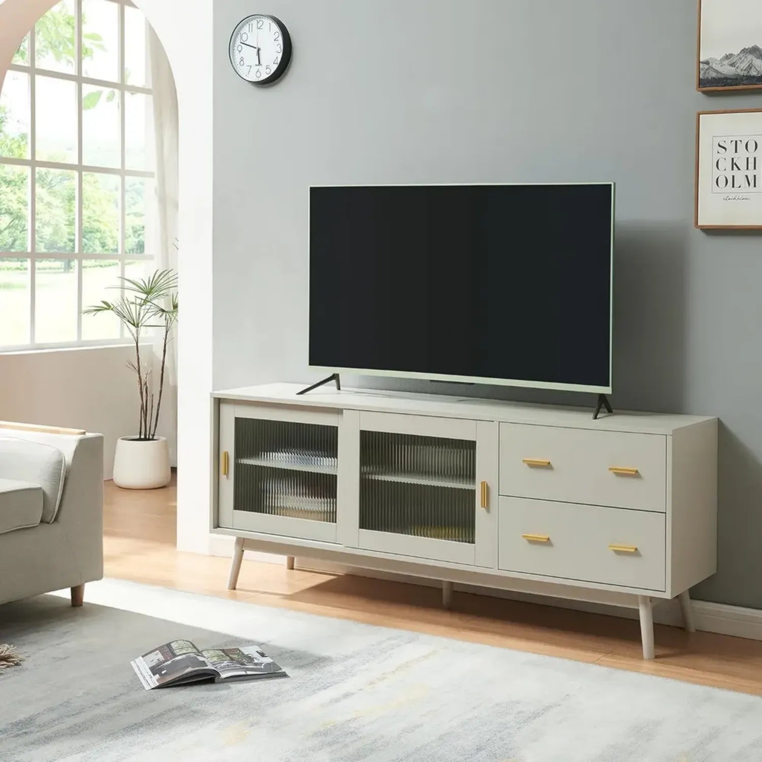 Mobile TV Moderno con Ante in Vetro e Cassetti, Credenza Bassa 160x40x65 cm Beige