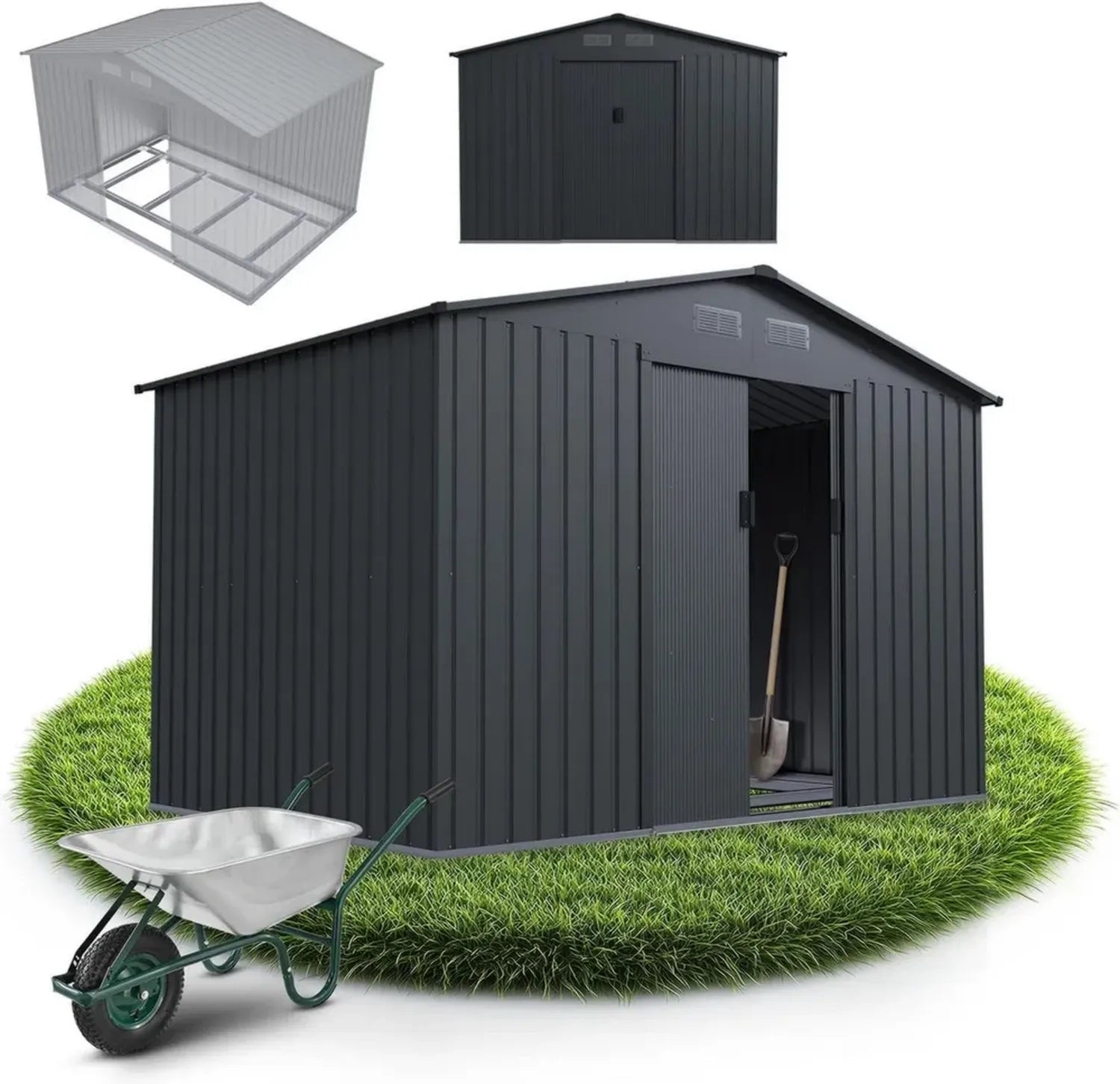 Ampia Casetta da Giardino in Metallo Grigio Scuro con Porta Scorrevole e Telaio di Fondazione