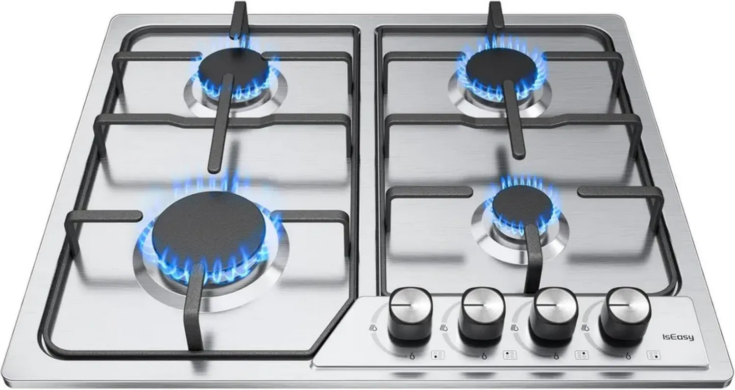 Piano Cottura a Gas da Incasso 60cm, 4 Fuochi in Acciaio Inox, 7.2 kW con Sicurezza Termocoppia, Compatibile con Metano/GPL