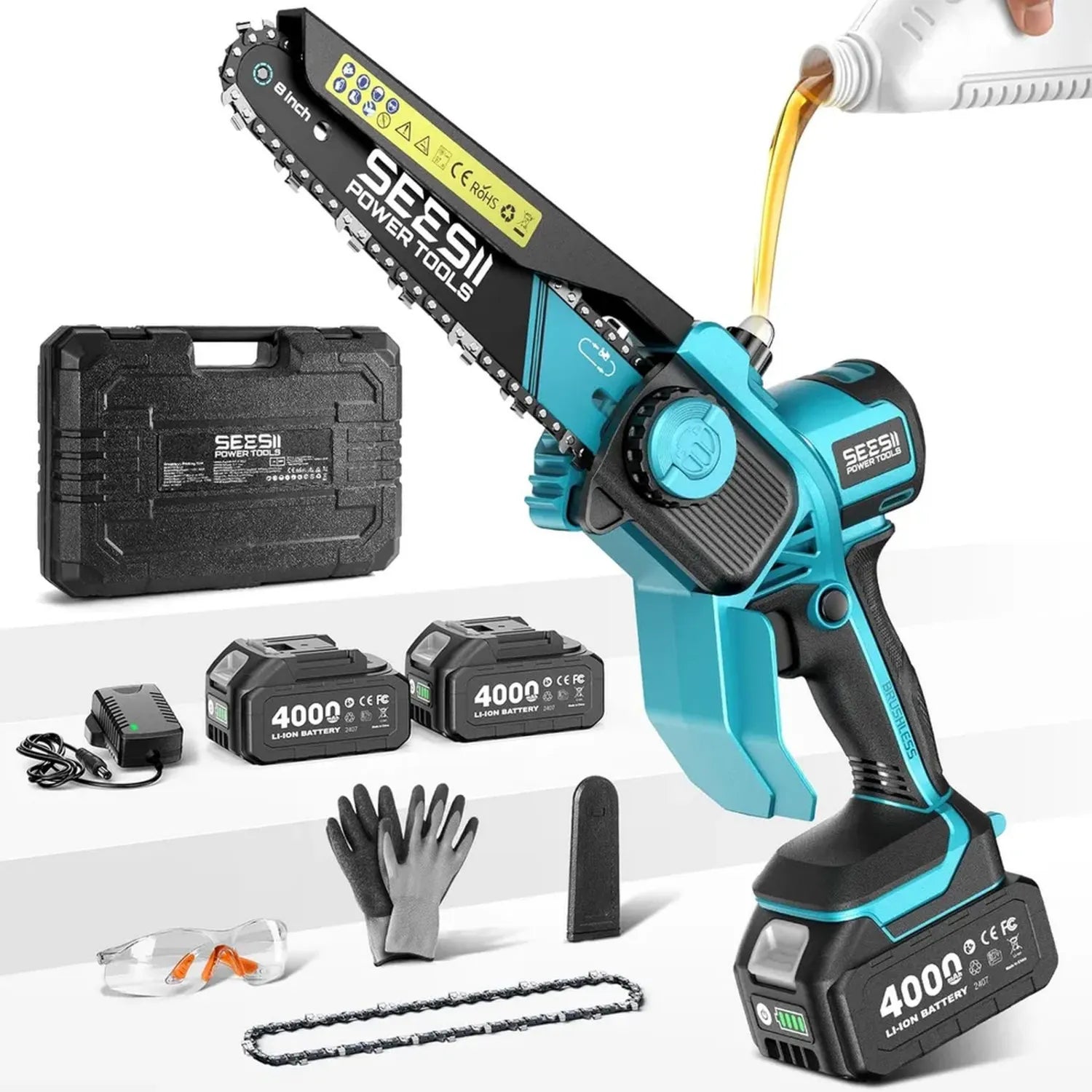Motosega Elettrica 8'' con Motore Brushless 2026, 2 Batterie 4000 mAh, Tensionamento Senza Attrezzi