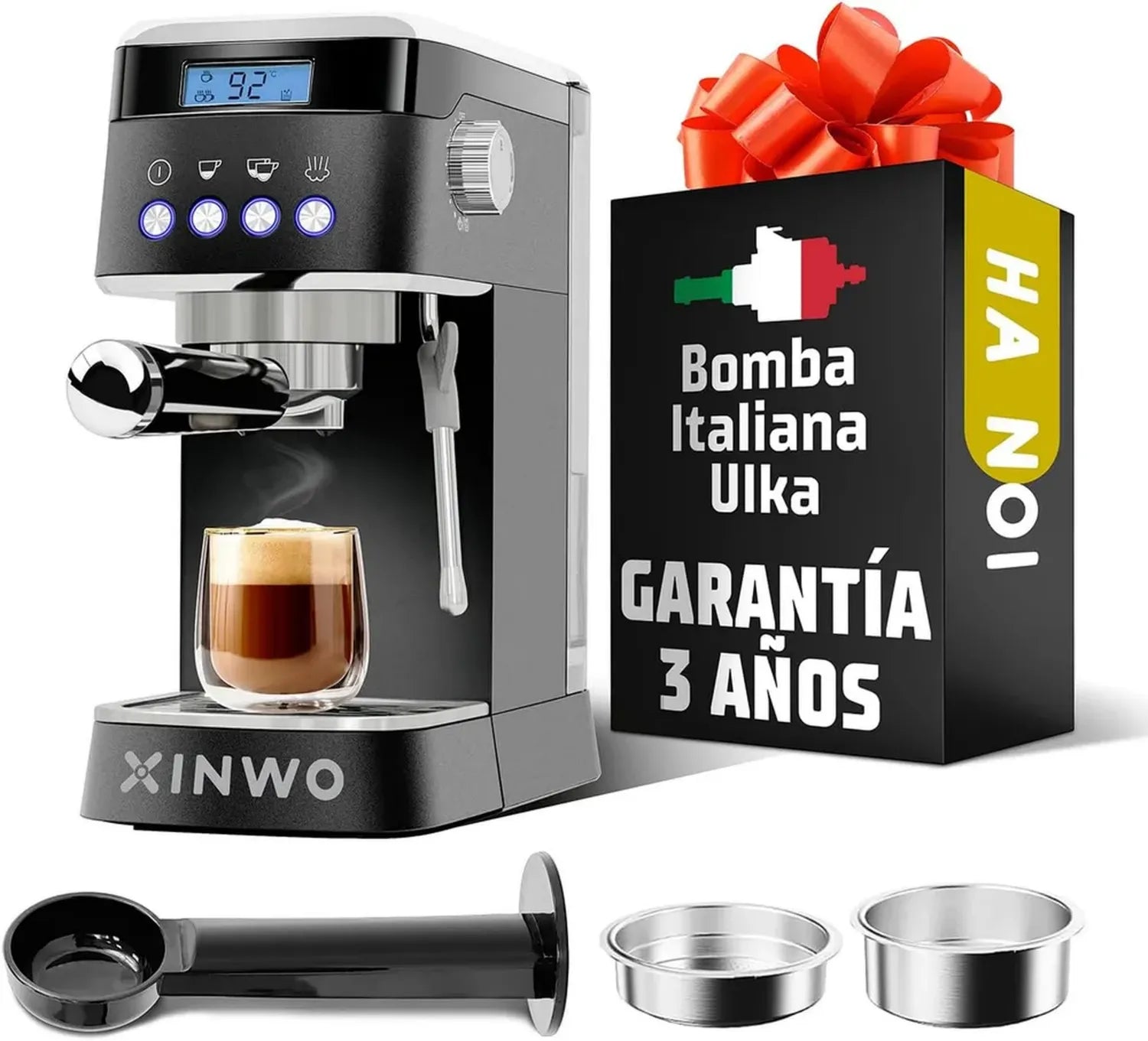 Macchina da Caffè Retrò in Acciaio Inox 1.2 L, 20 Bar con Vaporizzatore e Montalatte, Portafiltro Doppio - Macchina Automatica per Espresso e Cappuccini - Nero