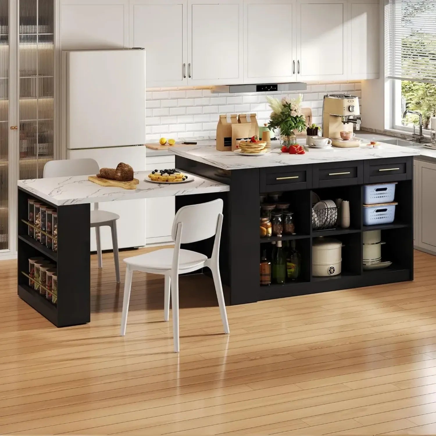 Isola da cucina multifunzione Kebnor con tavolo allungabile e piano marmorizzato