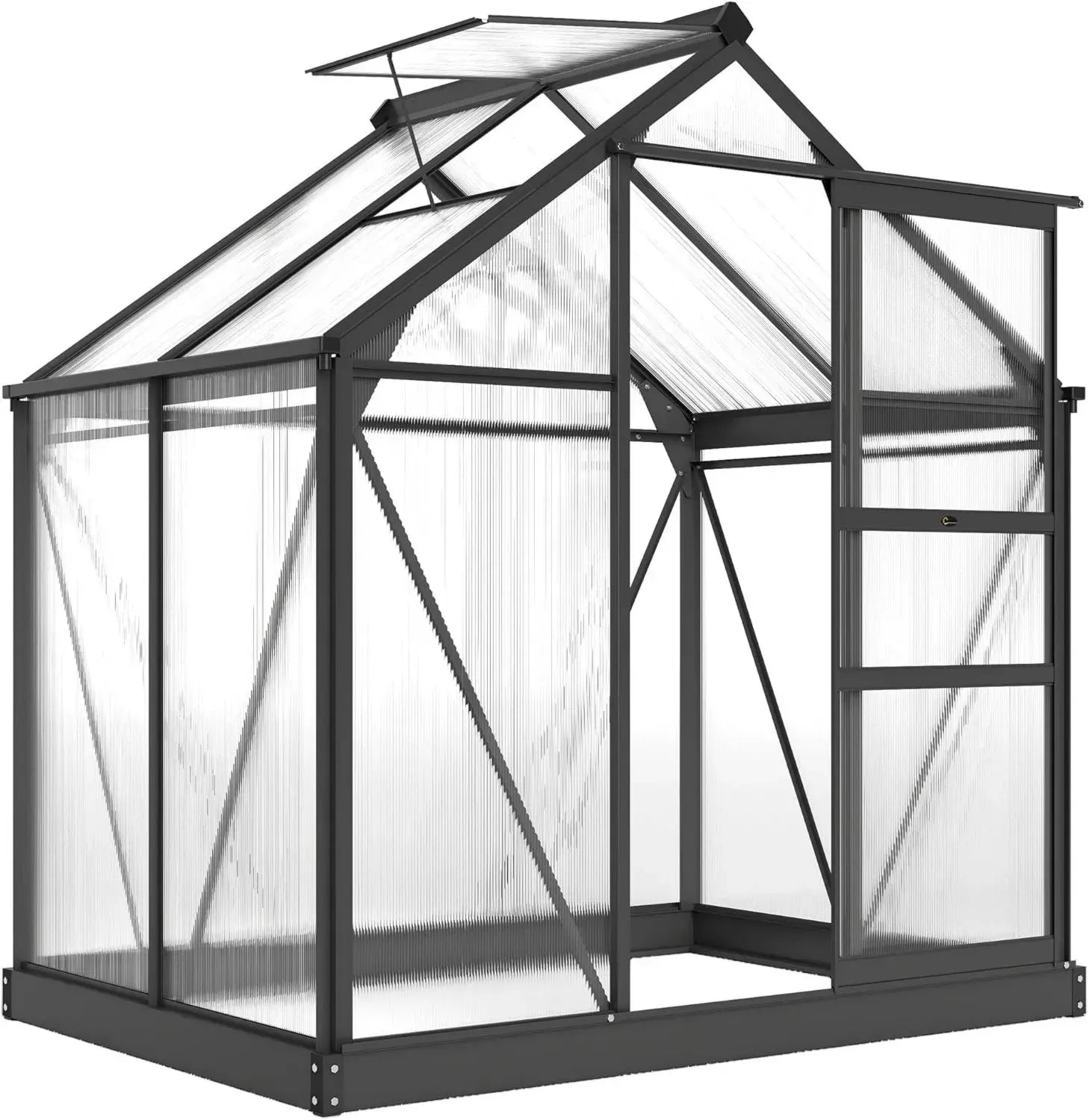 Serra da Giardino in Policarbonato con Struttura in Alluminio, 2.51㎡, Grondaie e Finestra per Ventilazione, Porta Scorrevole, 190x132x201cm, Grigio