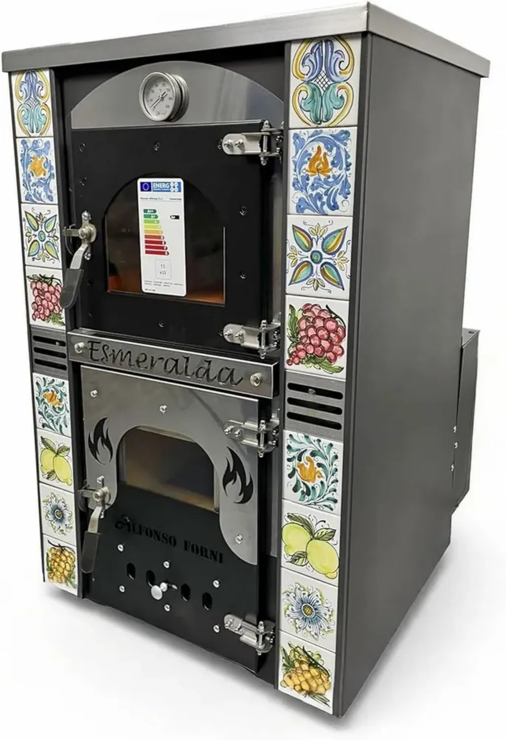 Stufa a Legna Ventilata con Forno in Maiolica - 25 kW, Design Caltagirone