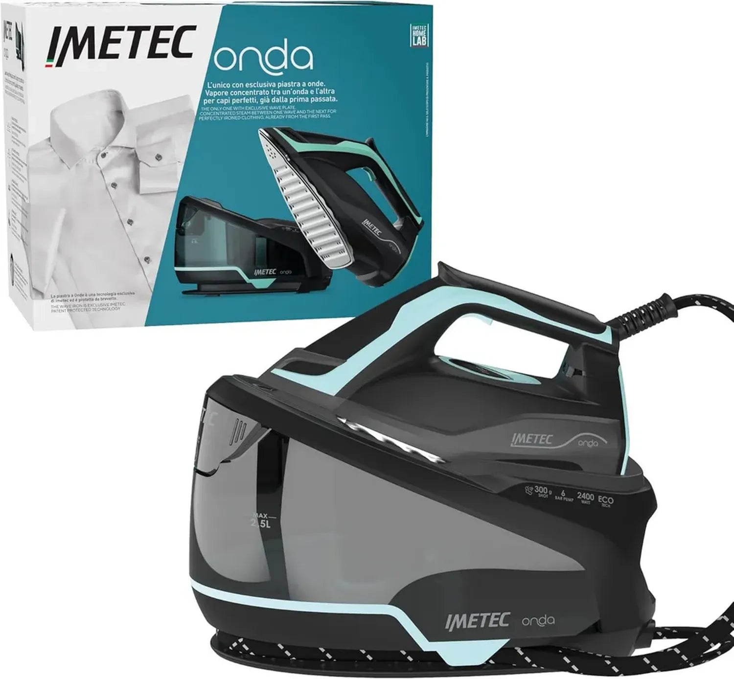 Imetec Onda P1 Ferro da Stiro, 2400W, Vapore Potente, Serbatoio 2,5L, Piastra Innovativa