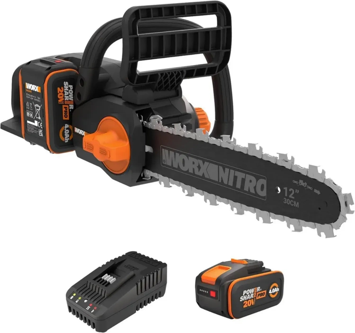 WORX Nitro WG350E Motosega a Batteria 20V, Potente e Sicura, Taglio 30cm, Lubrificazione Automatica