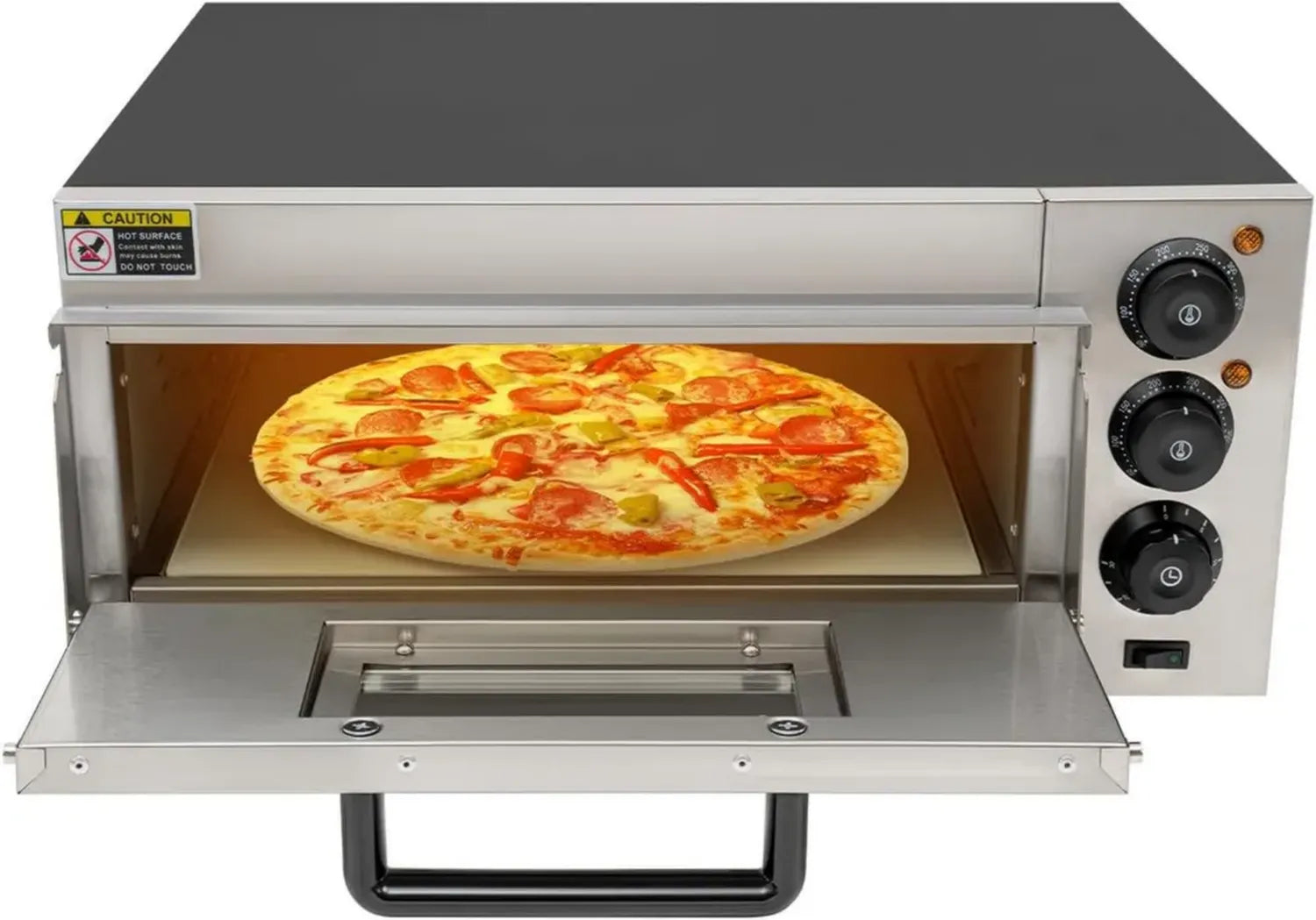 Forno elettrico per pizza monostrato, 2000 W, acciaio inox, temperatura fino a 350°C, con timer 30 minuti, ideale per casa e commercio