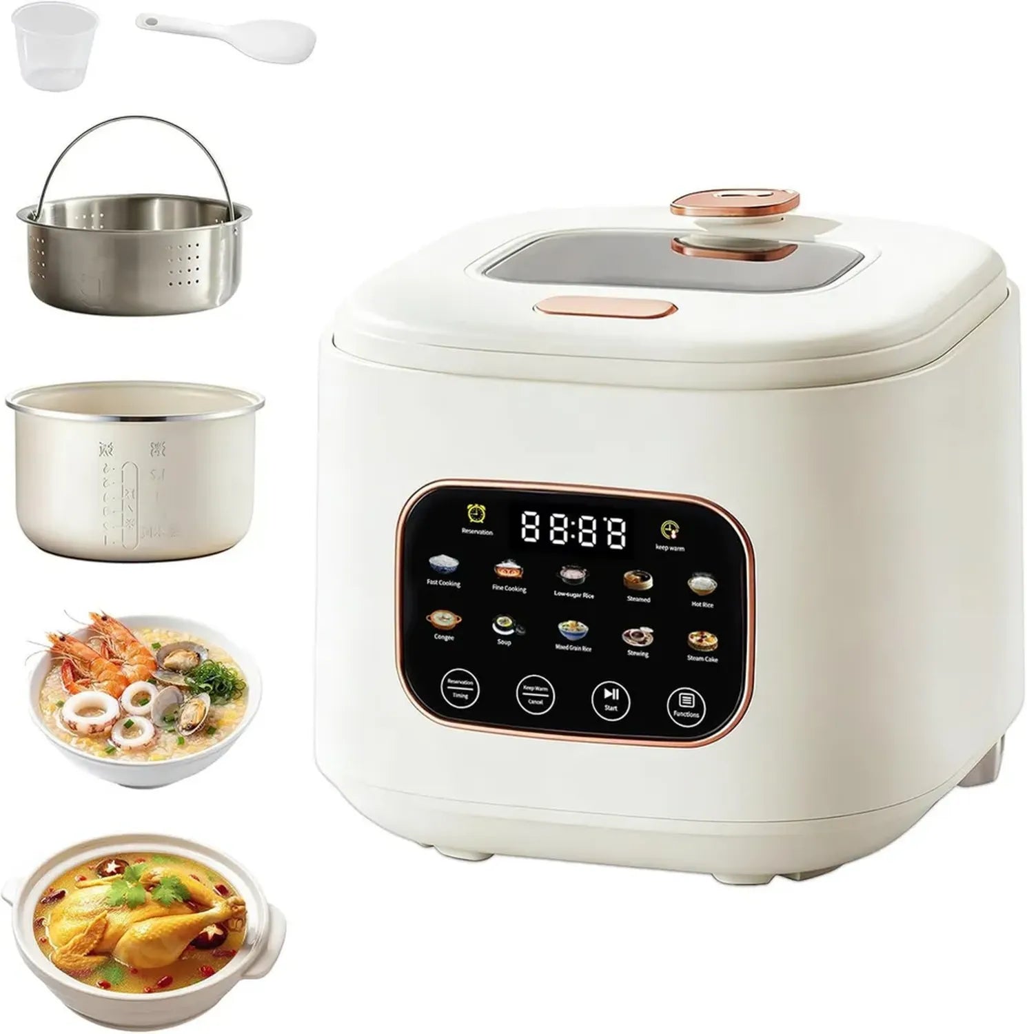 Cuociriso multifunzione per 5 persone, antiaderente, timer 24H, finestra e cestello vapore inox