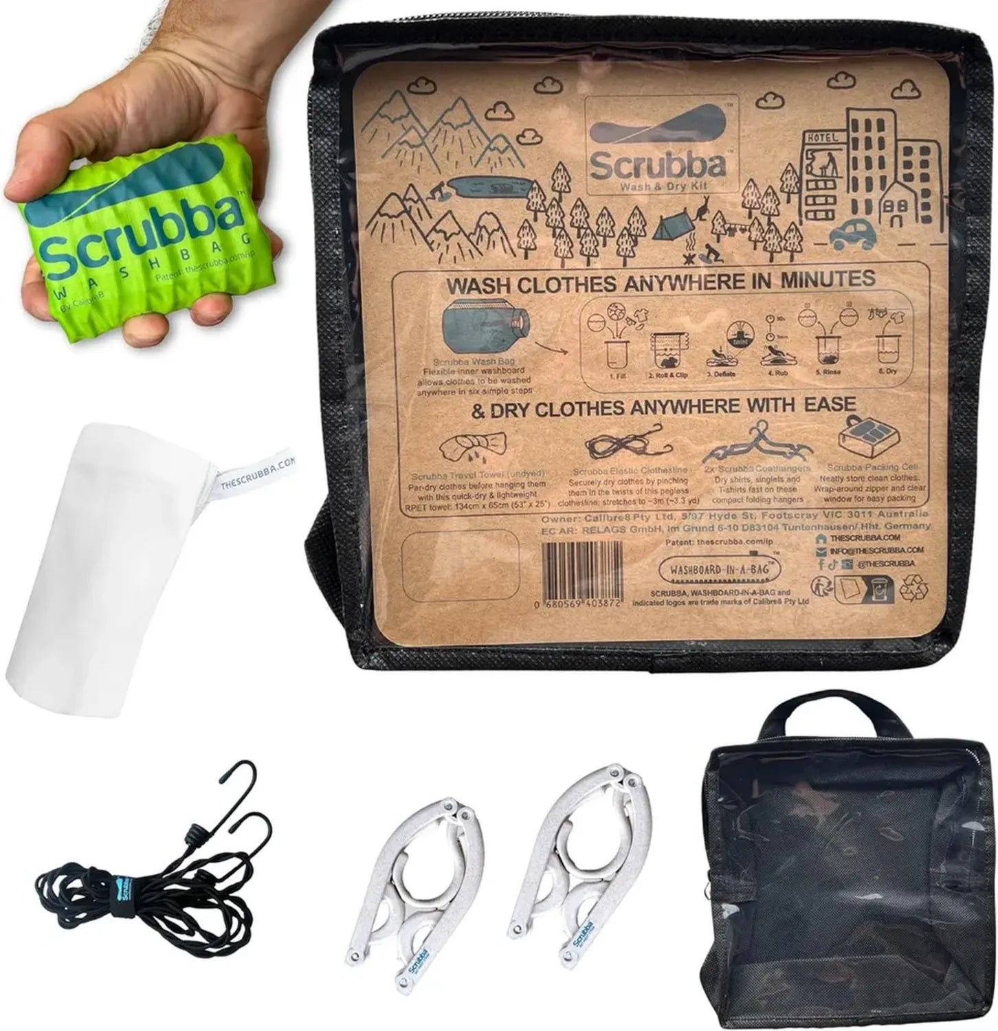 Kit Lavatrice da Viaggio Scrubba 2.0: Sacca Lavante, Asciugamano Microfibra, Stendibiancheria e Grucce