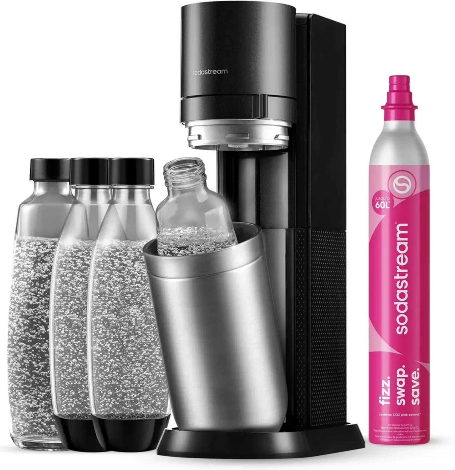 Gasatore d'acqua Duo Nero con Cilindro Gas, Bottiglie in Plastica e Vetro, Fino a 60L di Acqua Frizzante