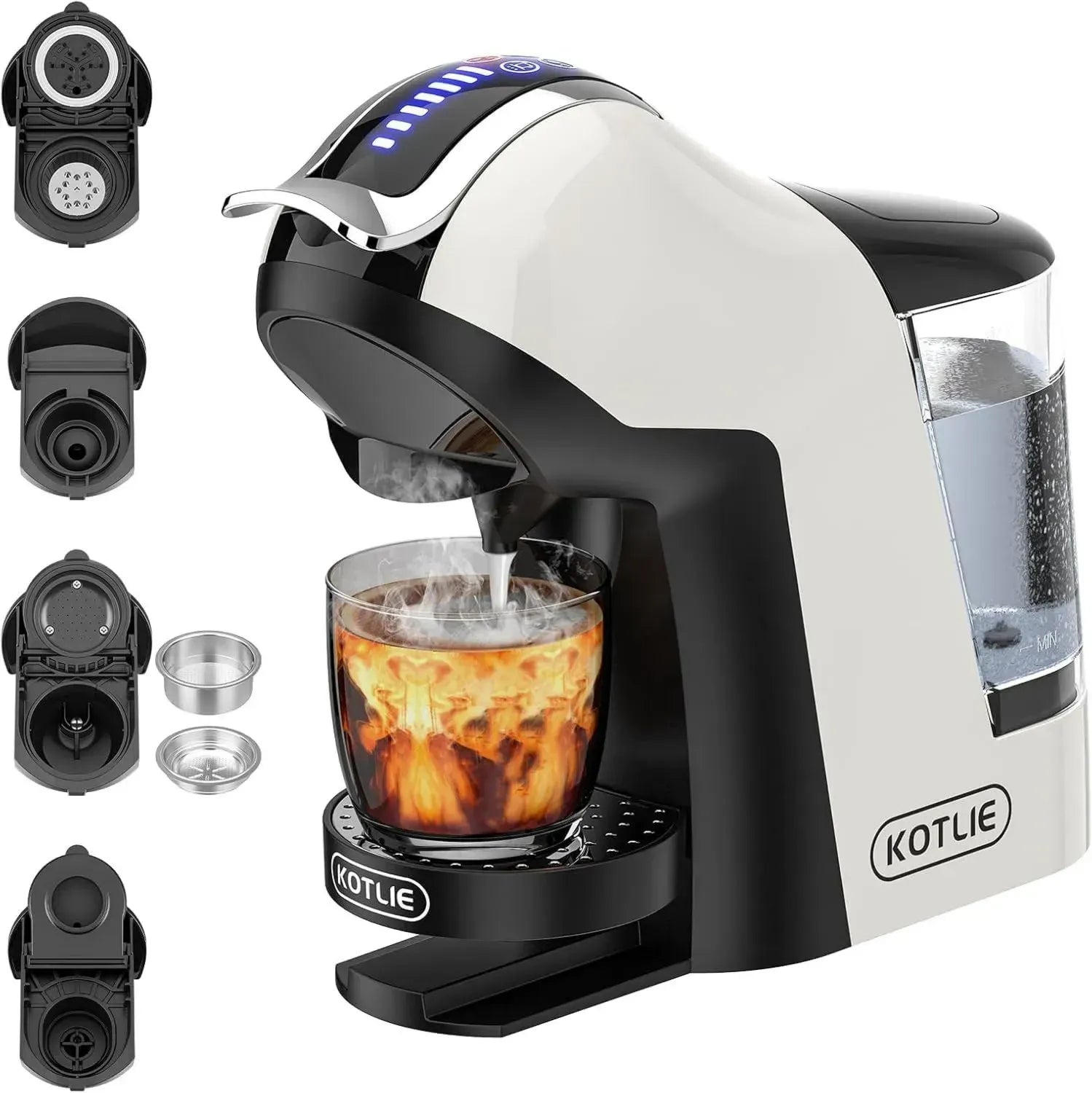 KOTLIE Macchina da Caffè Versatile 4 Temperature, 7 Livelli di Acqua, Compatibile con 5 Capsule, Bevande Calde e Fredde, Serbatoio Grande EM-308A (Bianco)