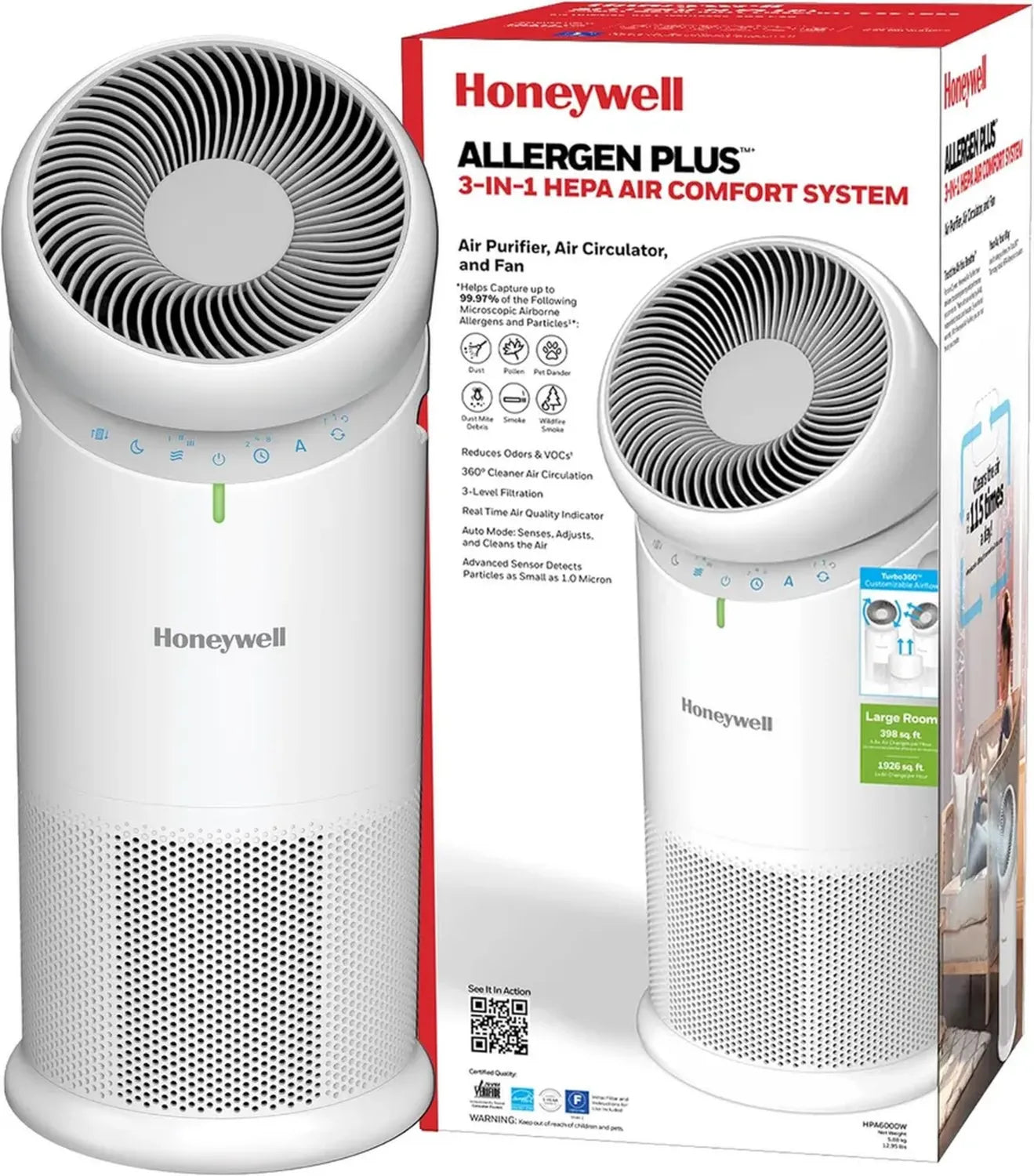 Purificatore d'Aria Honeywell HEPA 3 in 1 per Grandi Ambienti