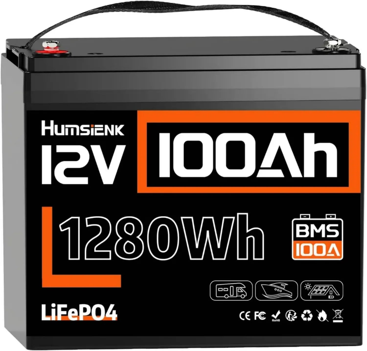 Batteria LiFePO4 12V 100Ah con BMS e Protezione Termica, 1280Wh, Cicli Lunga Durata per Camper e Solare