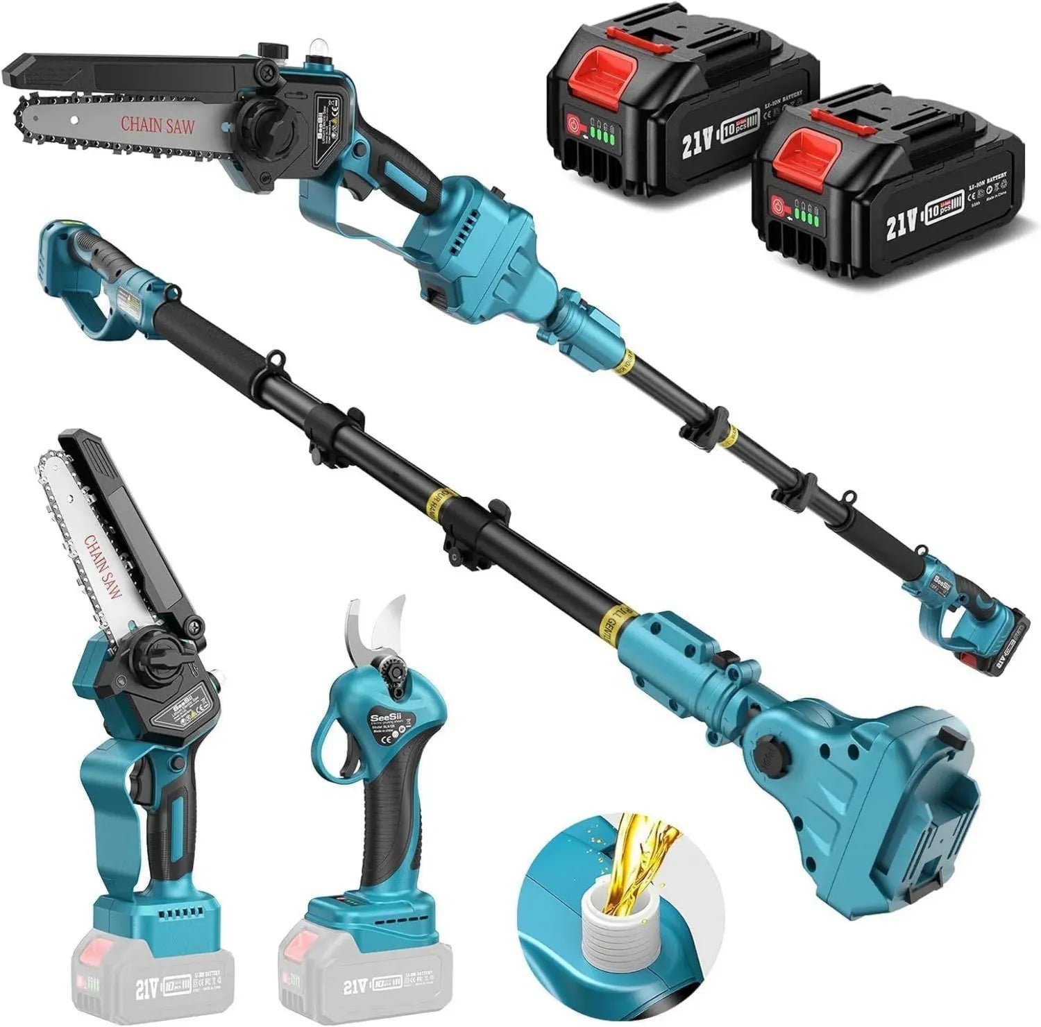 Kit Potatura Multifunzione SEESII P6: Motosega Telescopica e Forbici a Batteria con Doppia Batteria 4000mAh, Estensione fino a 4,57m