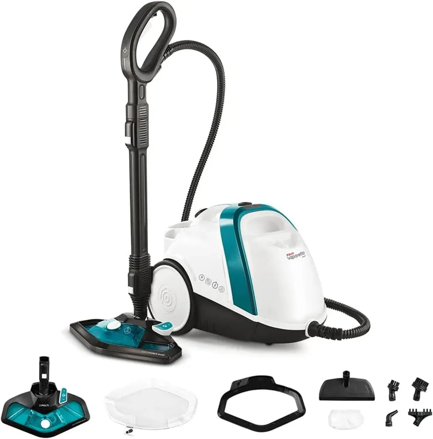 Pulitore a Vapore Polti Vaporetto con Caldaia 4 Bar, 1500 W, 8 Accessori, Bianco/Turchese
