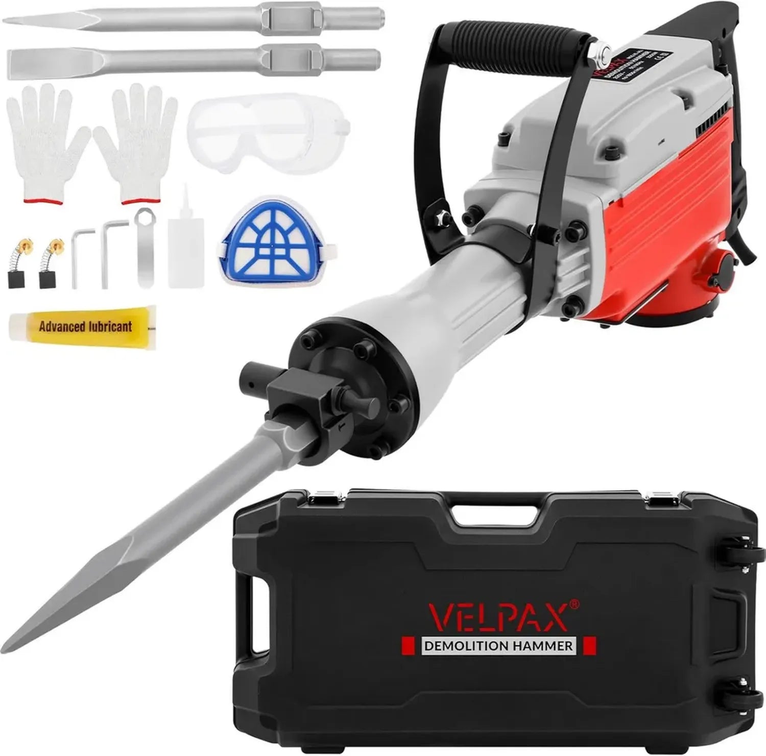 Martello Demolitore 2200W 45J, 2900 BPM, Scalpelli Intercambiabili, Impugnatura Girevole 360° Antivibrazione, Ideale per Cemento e Costruzioni