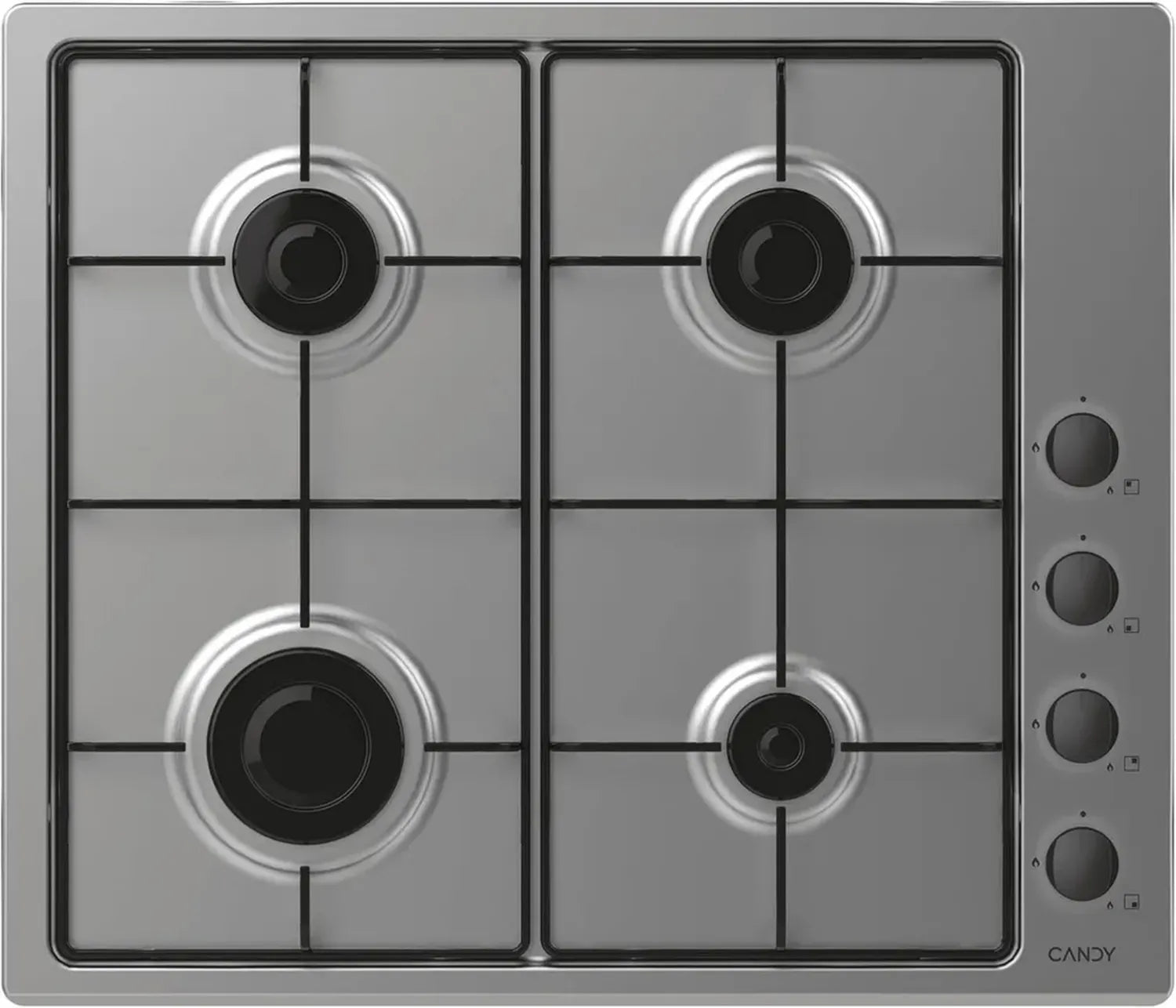 Piano cottura a gas Candy 4 fuochi da incasso con griglie metalliche e sicurezza, acciaio inox