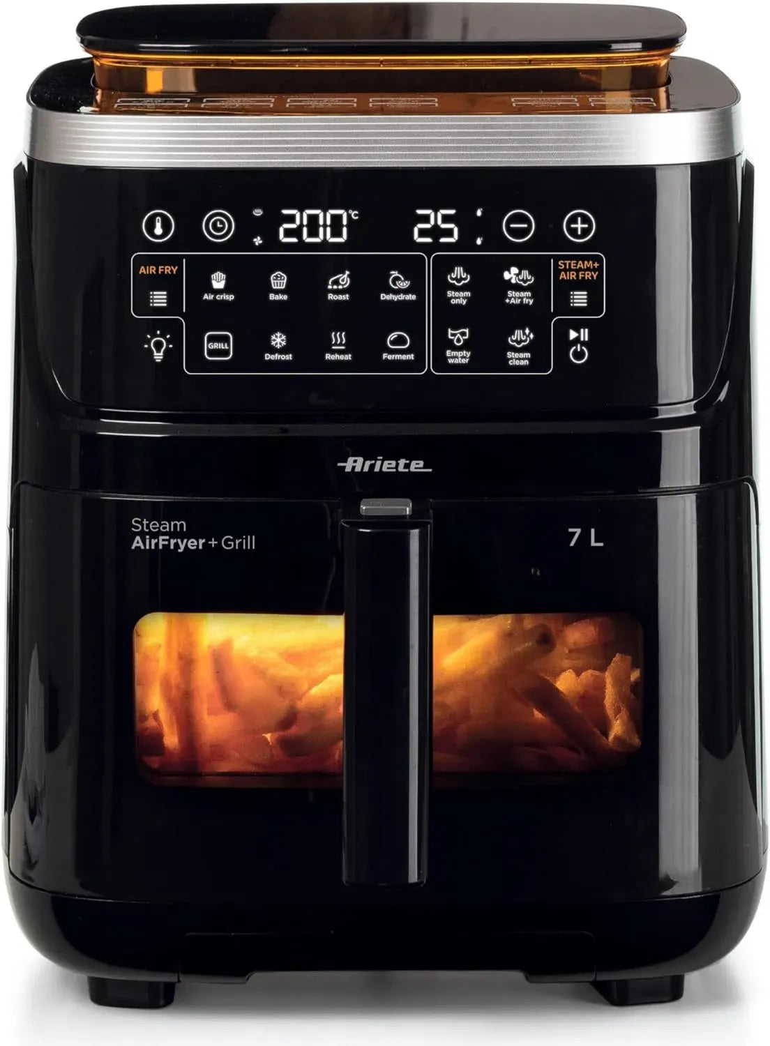 Friggitrice ad Aria Ariete 4636 con Vapore e Grill, 1700W, 10 Funzioni Cottura, Cestello Trasparente, Timer e Luce Interna, Nero