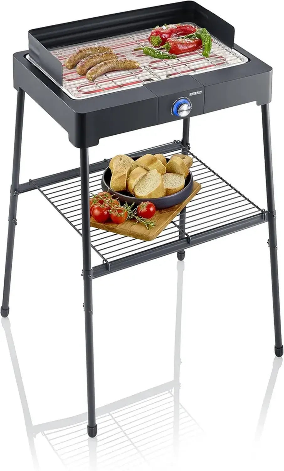 Griglia Elettrica SEVERIN 2200W Acciaio Inox con Ripiano, Regolazione Temperatura fino a 250°C, Uso Interno ed Esterno, Nero