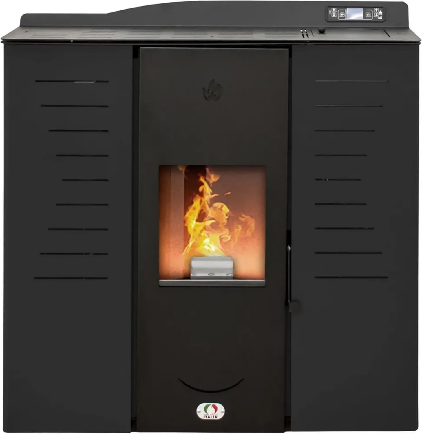 Stufa a Pellet Idro 25 KW per Riscaldamento e Acqua Calda, Efficienza 90%, Design Slim, 180m², Autonomia 16 Ore, Programmabile, Nero