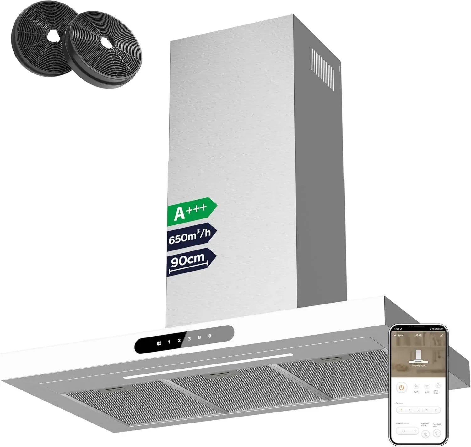 CIARRA Cappa Aspirante 90 cm 650 m³/h, 4 Livelli Touch, Booster e Filtro Carbone, Design in Acciaio Bianco