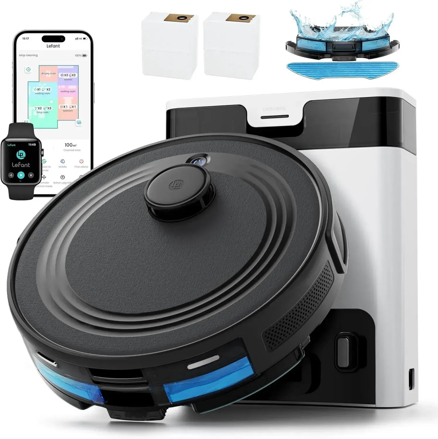 Robot Aspirapolvere Lavapavimenti LEFANT M2Pro con Mappatura Laser, Potenza 6000Pa, Contenitore 2.7L, Navigazione Intelligente, Compatibile con App/Alexa/Google, Colore Nero