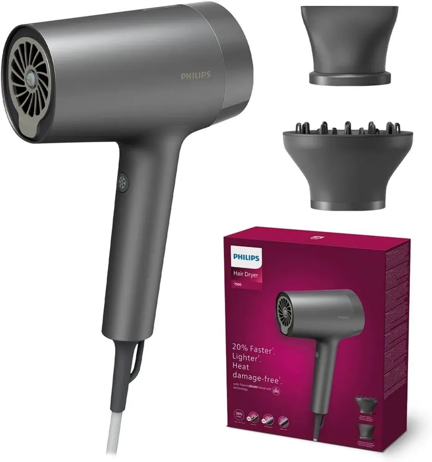 Asciugacapelli Philips 7000 Series con Tecnologia ThermoShield, Protezione dal Calore, 1800W, Include Spazzola e Diffusore