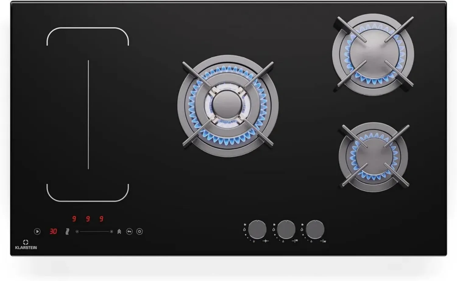 Klarstein MultiChef 5 - Piano Cottura Combinato a Induzione e Gas, 5 Zone, Flexzone, Timer Programmabile, Nero, 87,5 cm, Controllo Touch, Supporti in Ghisa
