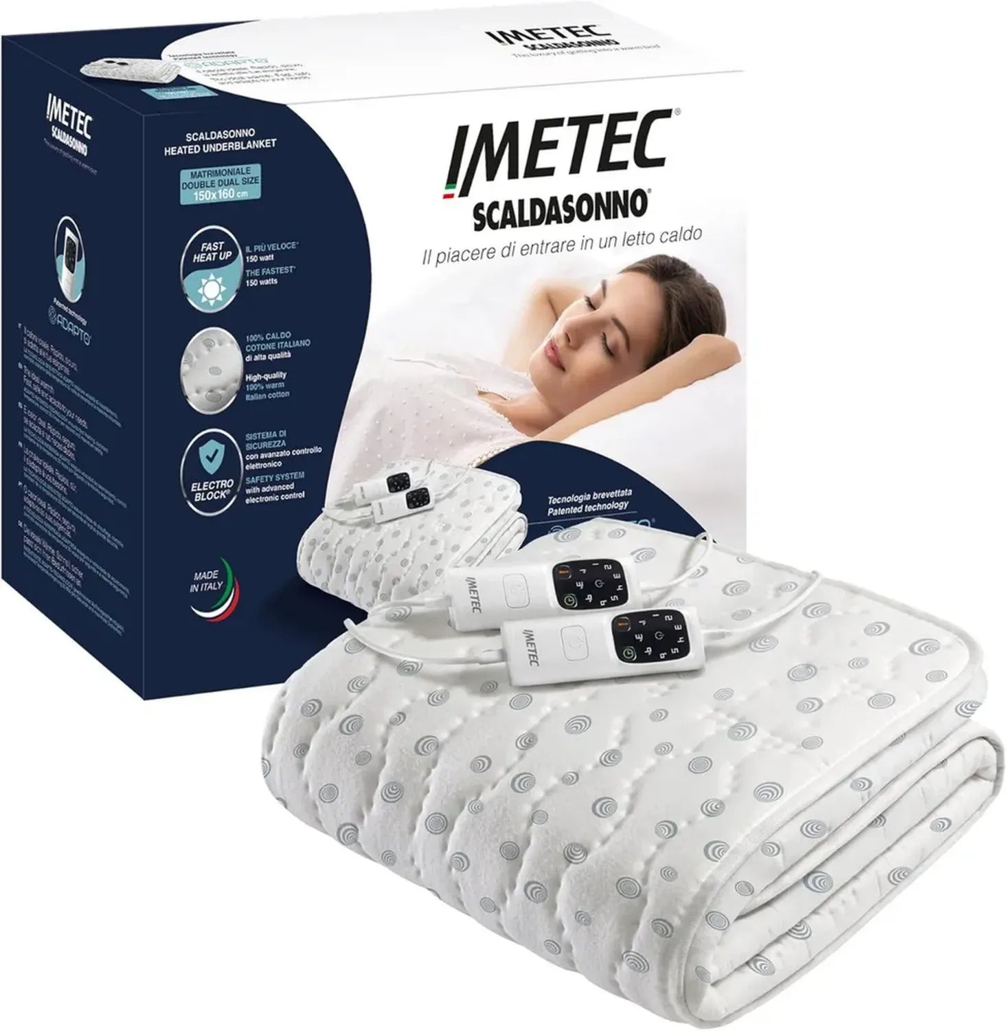 Coperta Termica Matrimoniale Imetec Adapto in Cotone, Risparmio Energetico, Riscaldamento Veloce, Temperatura Regolabile, Made in Italy