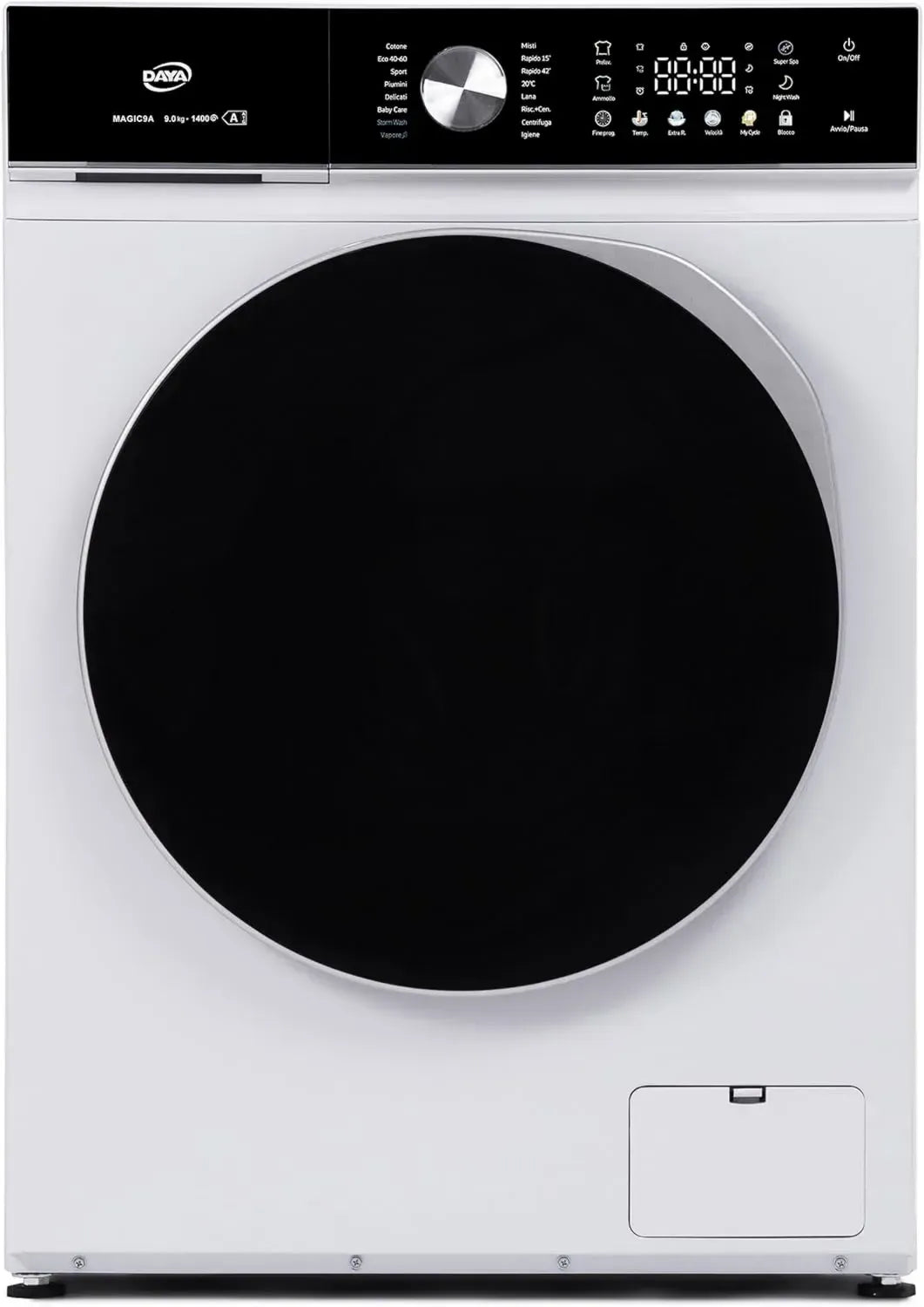 Daya Magic9A Lavatrice 9 kg, 1400 RPM, Display LCD, Motore Inverter, Classe A, Vapore, Cure Baby, Cicli Rapidi