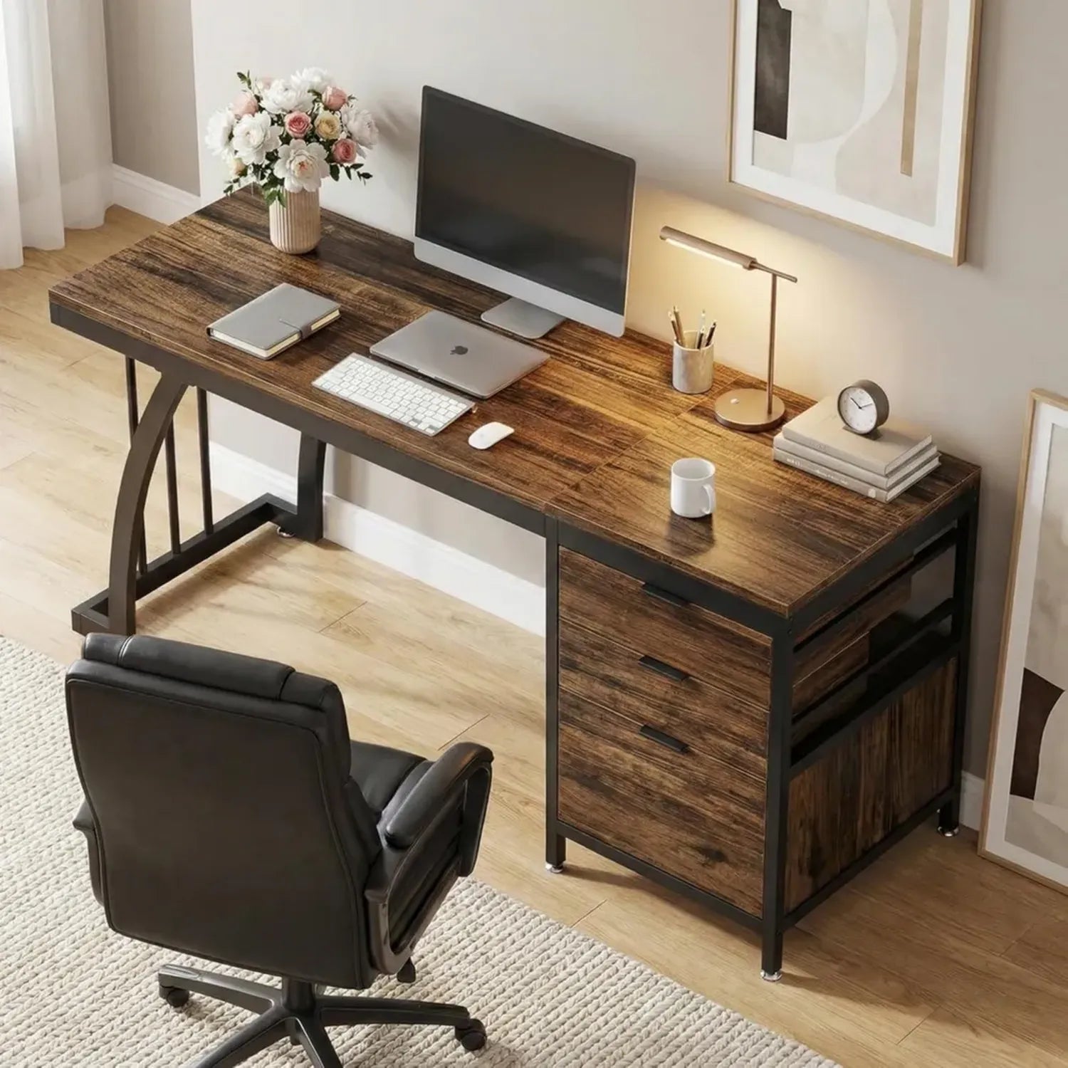 Scrivania Vintage 150cm con Cassetti, Tavolo per Computer e Ufficio, Design Moderno Marrone