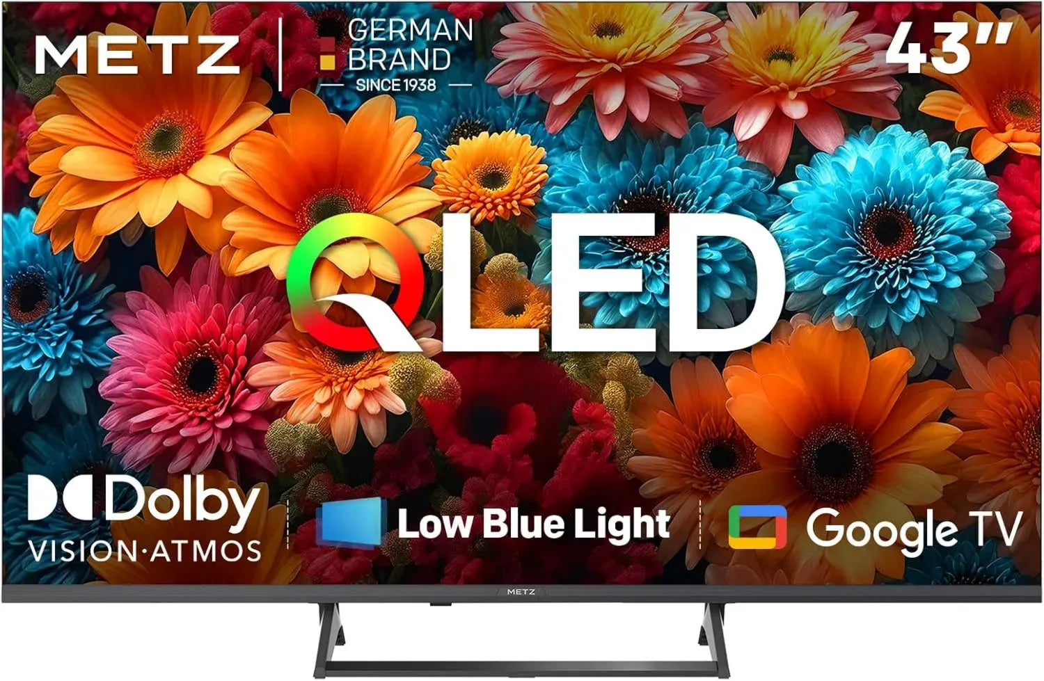 Metz Smart TV QLED 43" 4K con Google TV, HDR10+, Dolby Vision e Atmos, MEMC, EyeCare con Riduzione Luce Blu, Telecomando Bluetooth, Sintonizzatore DVB-T2/C/S2